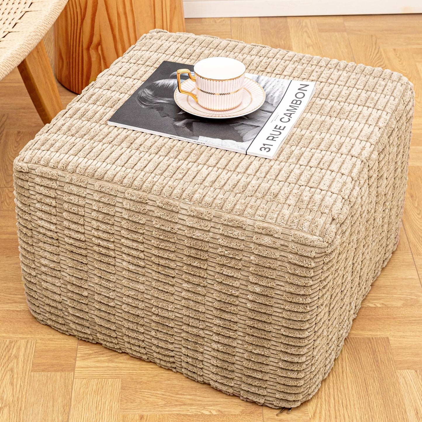 Asuprui Round Square Pouf Ottoman Foot Rest – Lightweight Modern Footstool with Plush Foam Filling, Perfect for Living Room Decor & Cozy Comfort – 20x20x14 Inch Chic Accent Piece (Light Coffee)