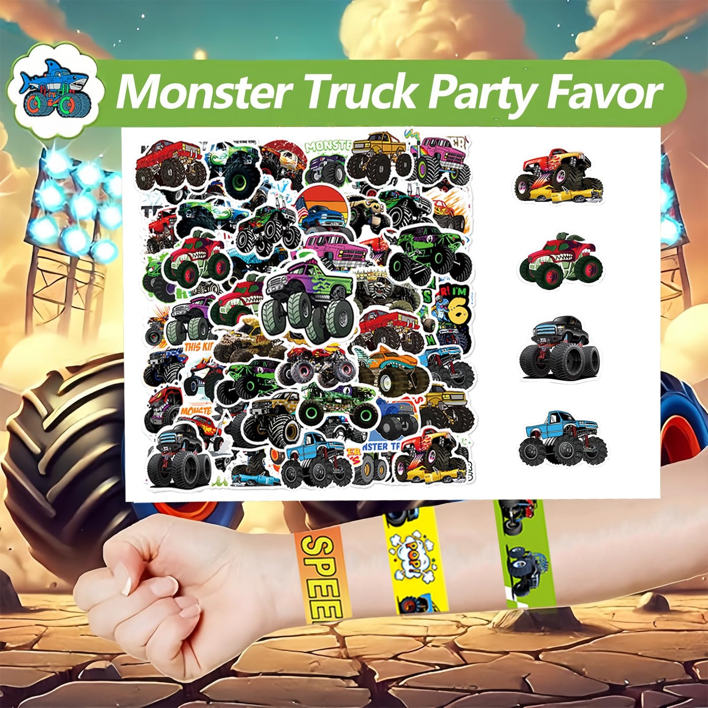 122PCS Monster Truck Party Favors Set, Jam Birthday Decorations Including Theme Slap Bracelets, Keychains, Gift Bags, DIY Stickers, Drinking Straws, People Monster Truck Birthday Supplies