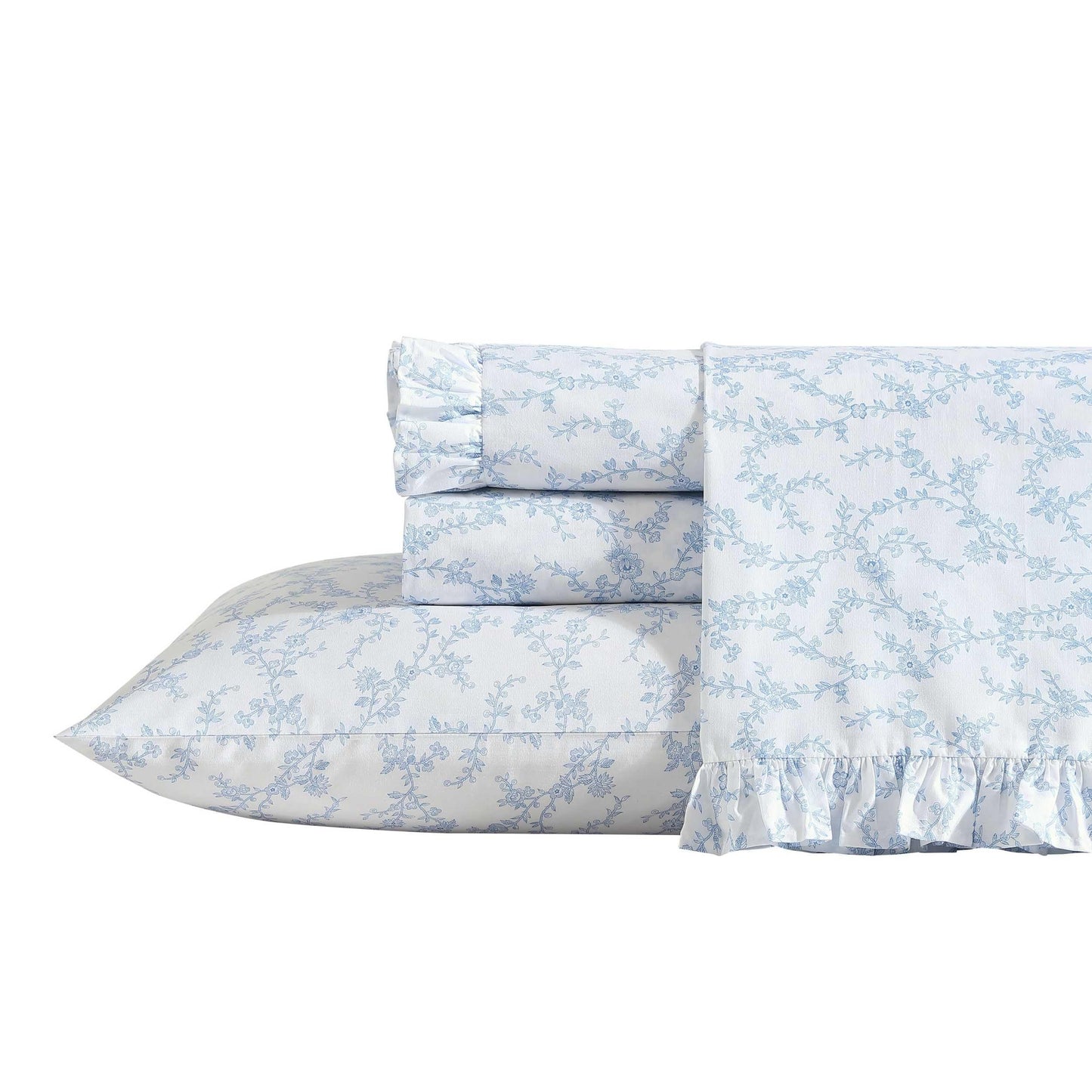 Laura Ashley - Twin XL Size Sheet Set, Crisp Cotton Percale Bedding with Ruffle Pillowcase, Fully Elastic Deep Pocket Fitted Sheet, Floral Room Decor, Breathable All-Season Comfort (Victoria Blue)