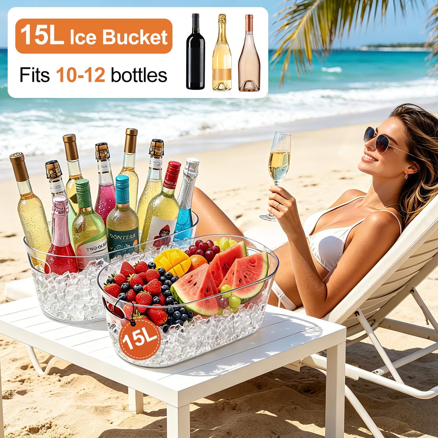 2 PCS Ice Buckets for Parties, 15L Large Ice Bucket, 4 Gallon Champagne Bucket with Scoops, Beverage Tub Mimosa Bar Supplies for Champagne, Beer, Cocktail