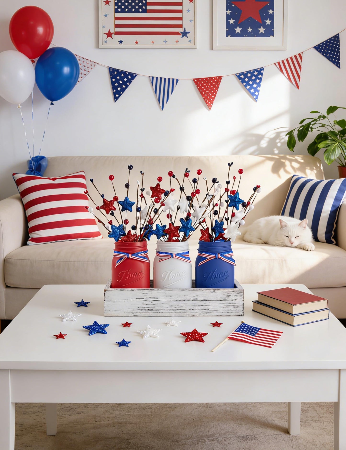 KIVIVO 4th of July Table Decorations, Mason Jar Memorial Day Decor with Artificial Picks, Fourth of July Patriotic Table Centerpieces, 10 Pcs Red White and Blue Independence Day Decorations for Home