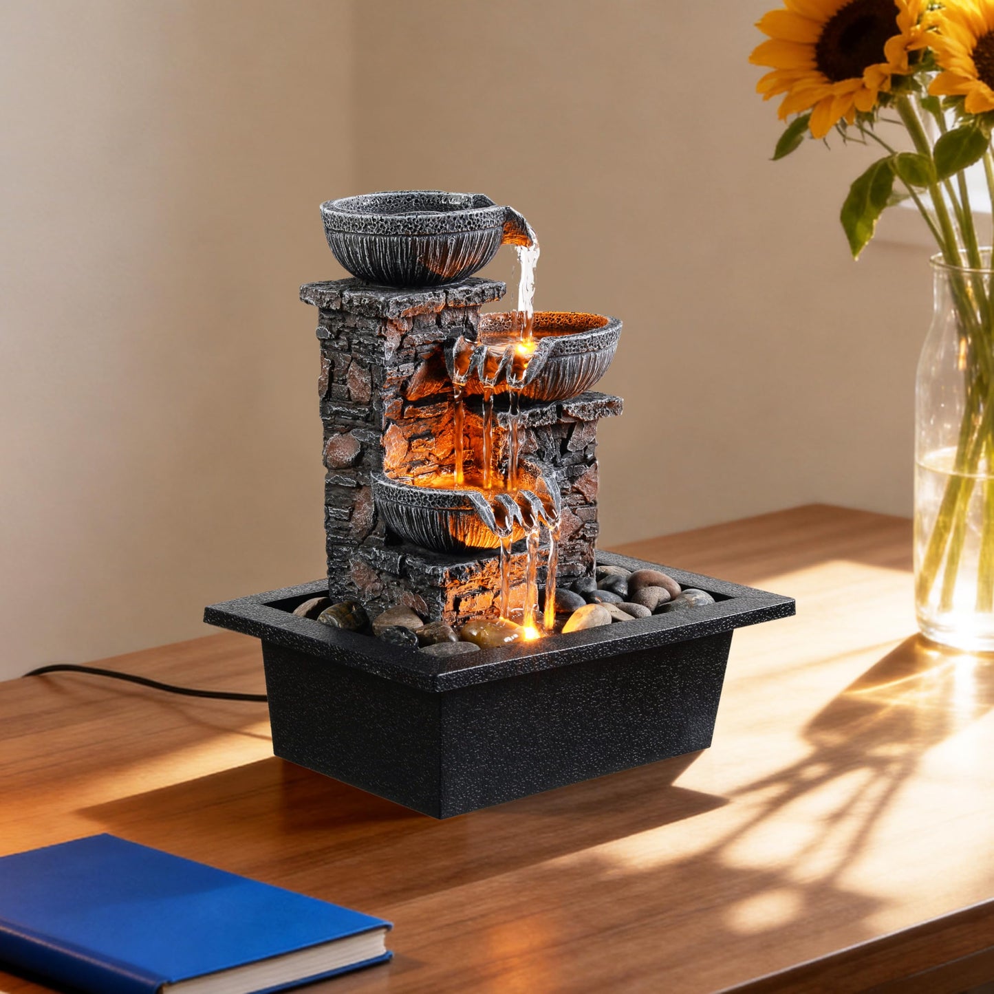 Kalona Tabletop Fountain 3 Bowls with LED Light Soothing Water Flowing Sound Fountain Zen/Meditation Home/Office Decor Home Décor Relaxation Indoor (23113)
