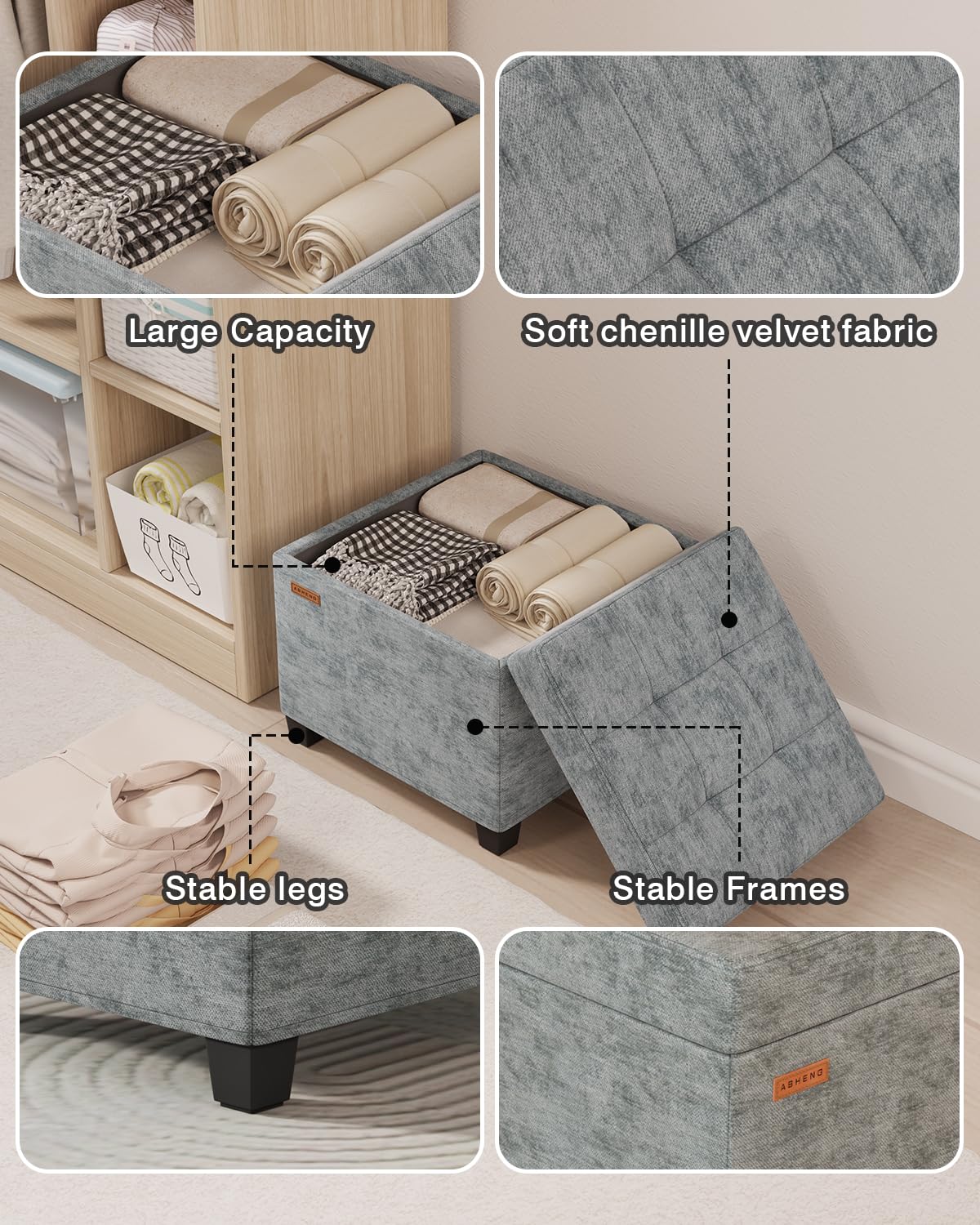 ABHENG Chenille Cover Steel Frame Ottoman with 48L Storage,17.7" x 17.7" x 17.7" Square Linen Storage Ottoman Stool Cube with Legs,for Dorm Livingroom Gray UASND641G