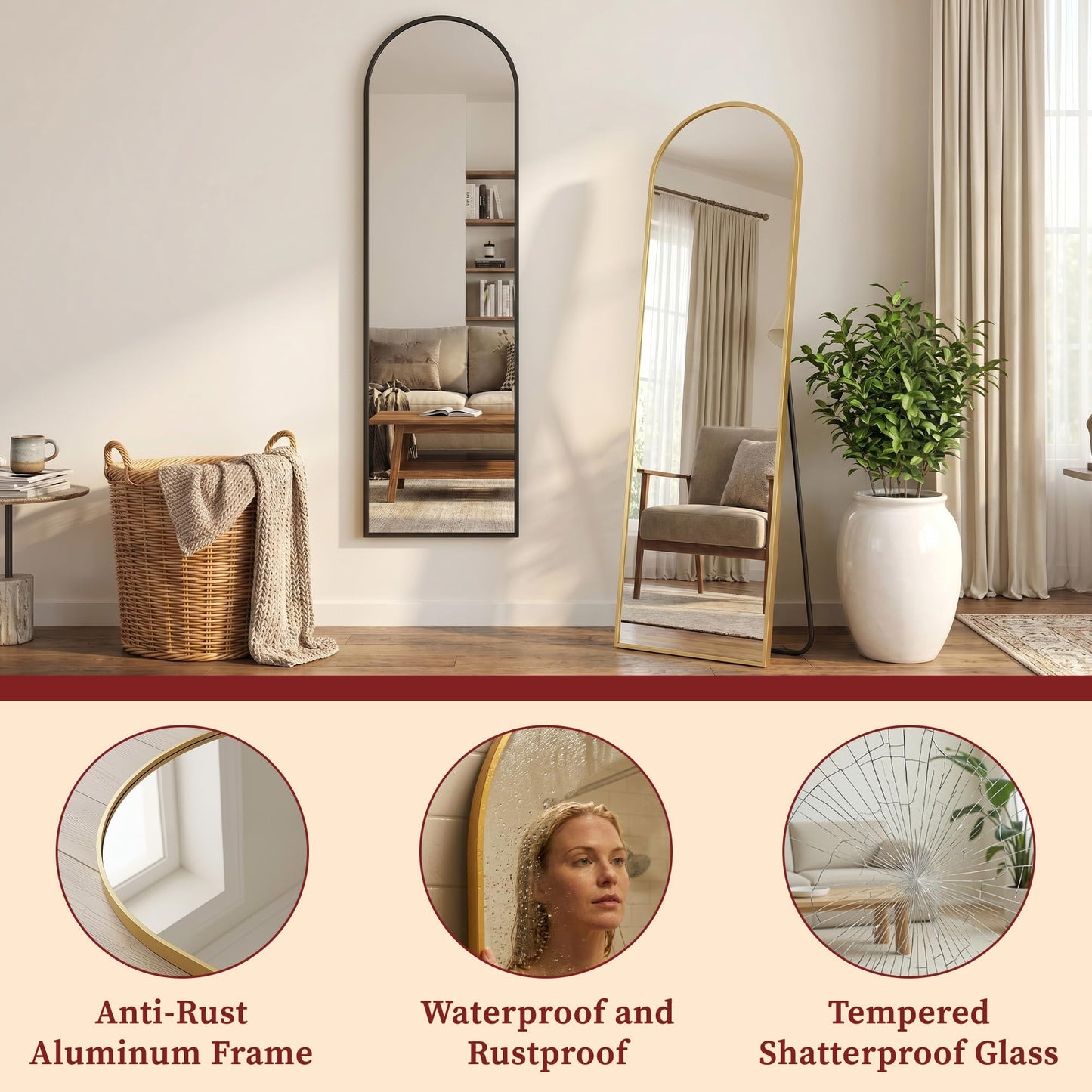 Suidia 56"x14" Arched Full Length Mirror with Stand, Full Body Mirror with Aluminum Frame, Freestanding/Leaning/Wall-Mounted, Floor Mirrors for Bedroom, Living Room, Entryway, Dressing Room, Gold