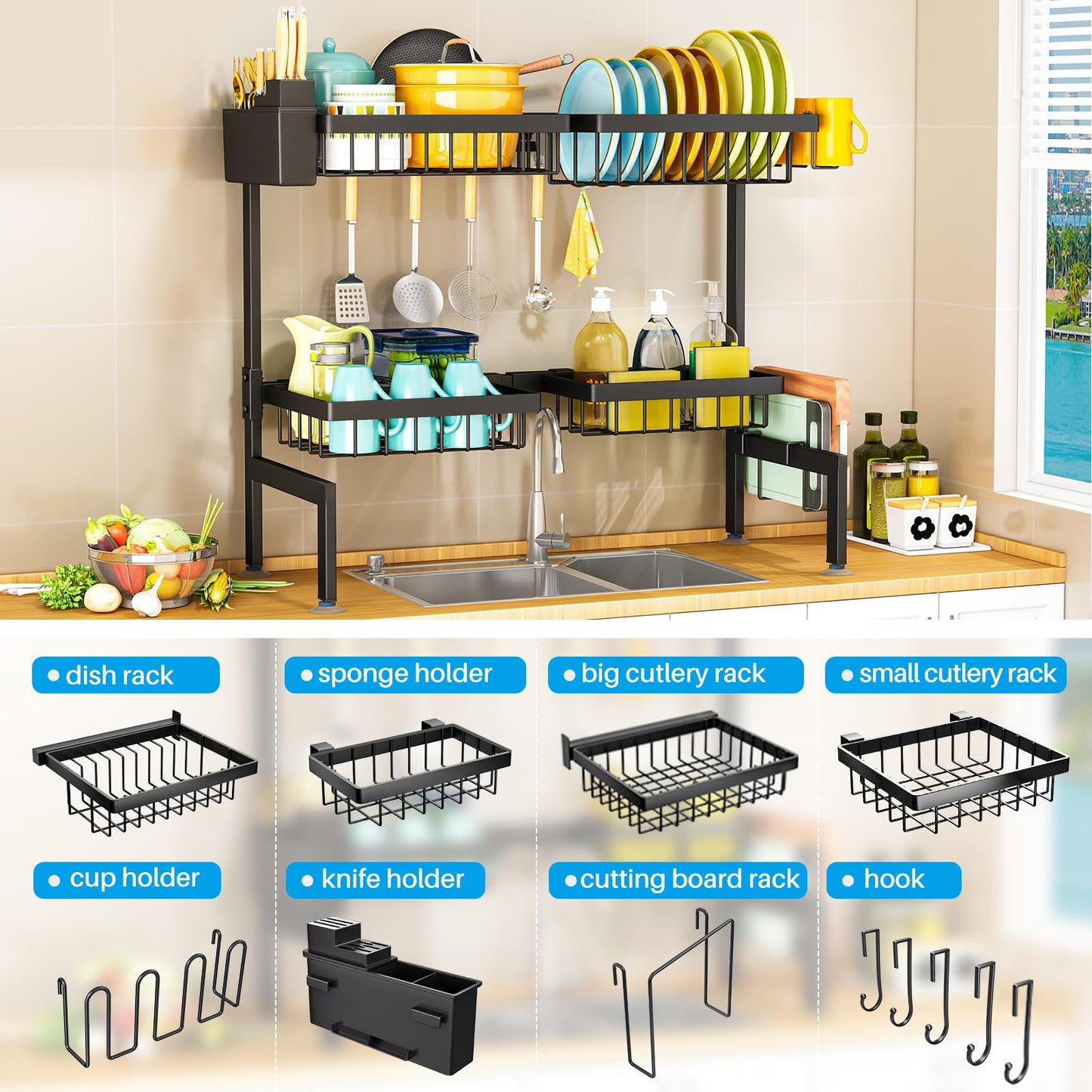 ARSTPEOE 2 Tiers 4 Baskets (one More Than Others) Over The Sink Dish Drying Rack,fits All Sinks (from 24.8" to 35.4"),2-Tier Adjustable Sink Rack,Dishes Rack Kitchen Storage Organizer Space Saving