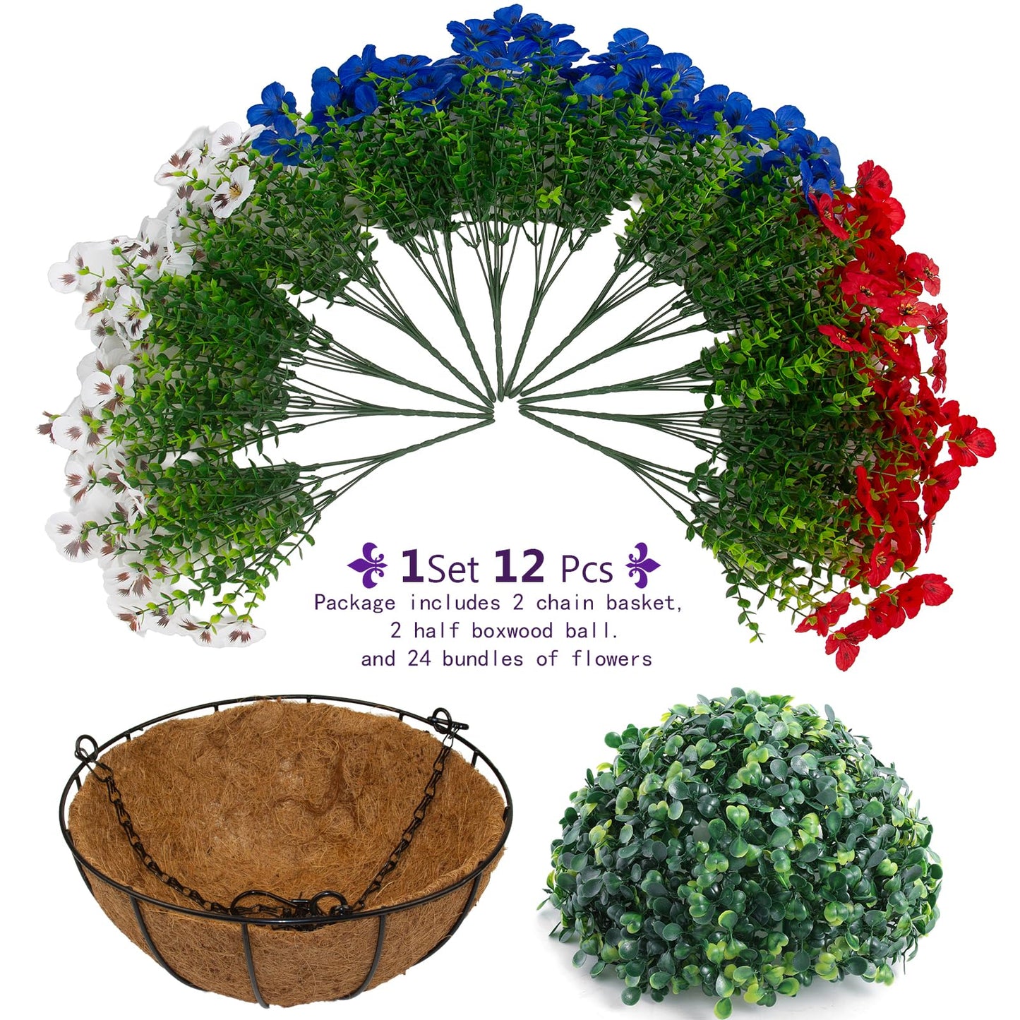 lovemoon 2 Sets Artificial Hanging Pansies Flowers with Baskets, 24 Pcs Faux Patriotic Silk Pansy Outdoor Flower for Porch Patio Garden Home Summer 4th of July Decor (Y/P/W) (2, RedWhiteBlue)