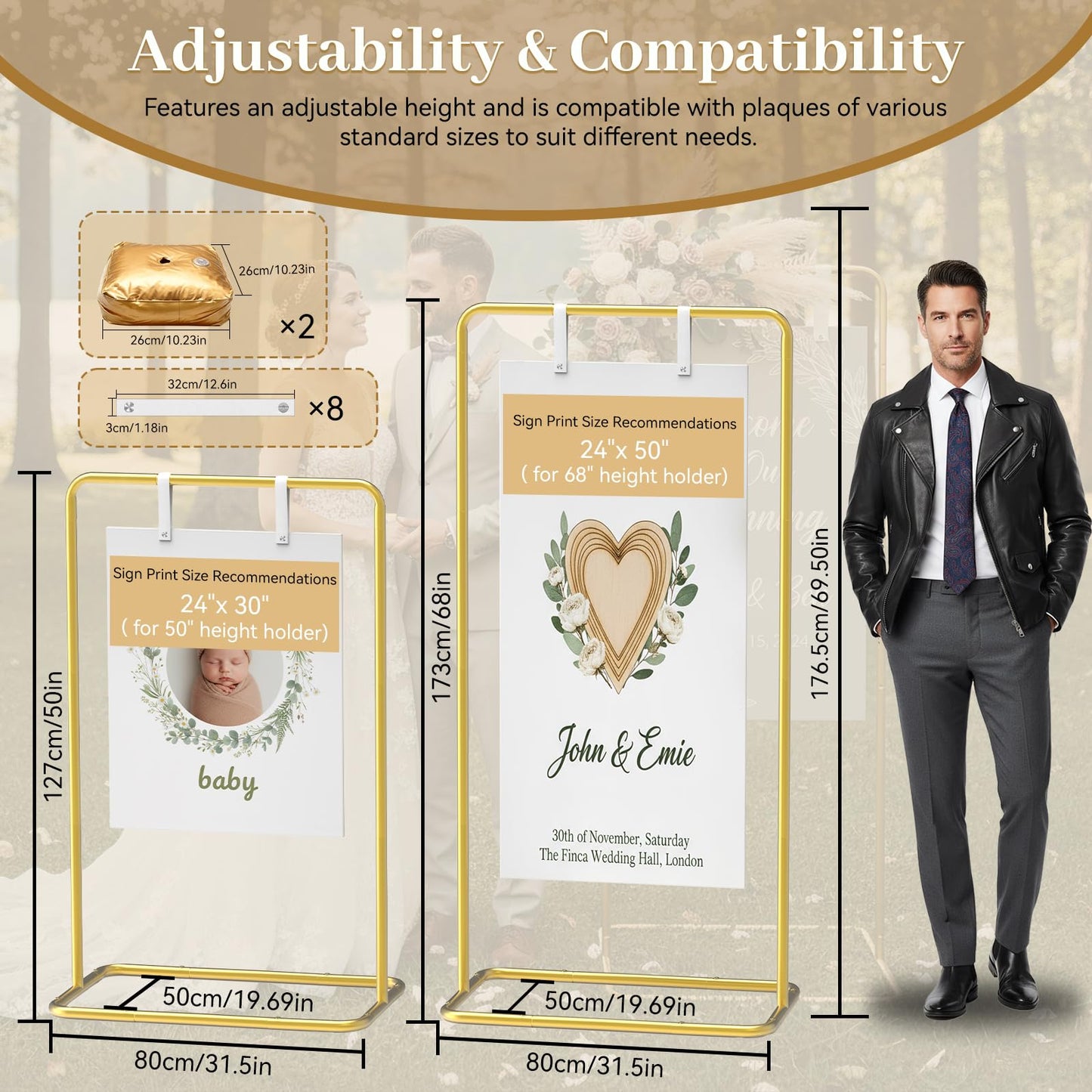 ReePlan Wedding Welcome Sign Stand 68 x 31 x 20 Inch Adjustable Wedding Sign Holder with 8 Leather and Water Bags Heavy Duty Easel for Poster, Baby Bridal Shower, Bridal Shower, Seating Chart, Gold