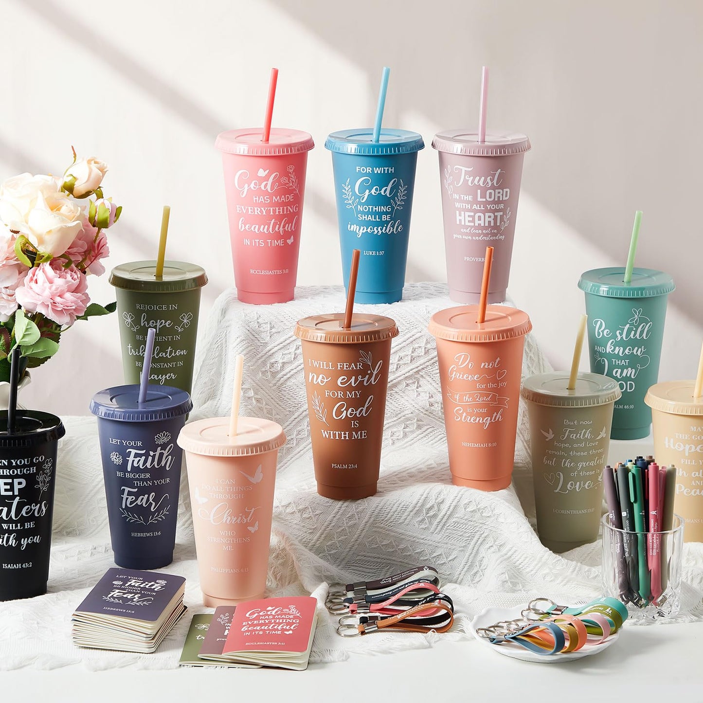 Hollowfly 12 Set / 48 Pcs Christian Church Gifts Bulk, Plastic Cups with Bible Verse Pens Keychains Notebooks for Women Christian Religious Catechist Appreciation Gifts (Morandi Color)