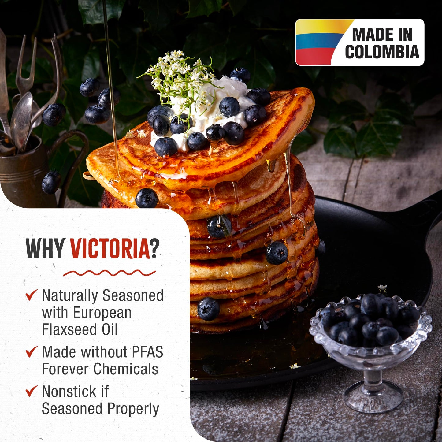 Victoria 12-Inch Cast Iron Comal Pizza Pan with a Long Handle and a Loop Handle, Preseasoned with Flaxseed Oil, Made in Colombia