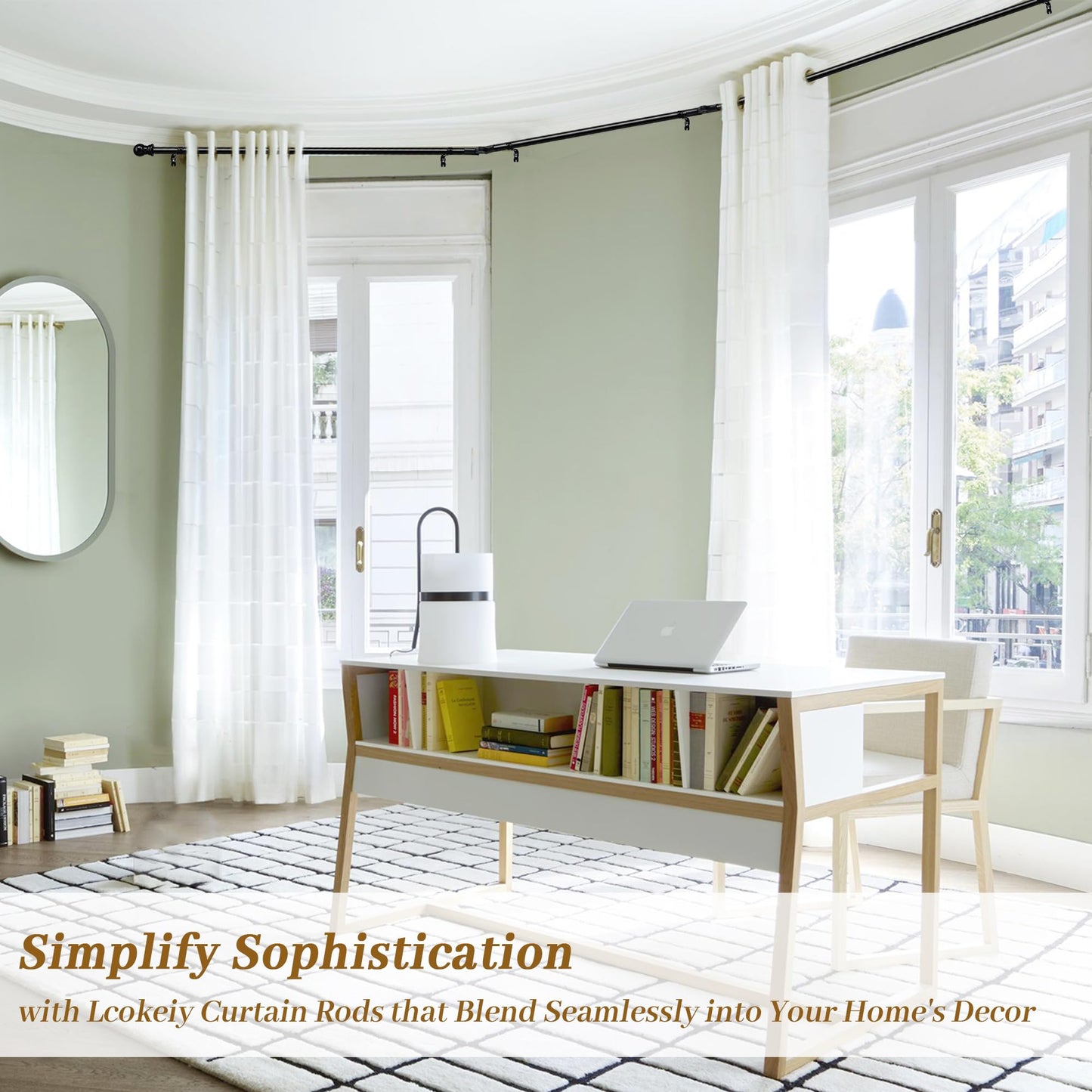 Bay Window Curtain Rods, U shaped Adjustable Curved Curtain Rods for Windows 59 to 184 Inches, Black 1 inch Renter Friendly Heavy Duty Curtain Rods with Brackets for Bedroom, Living Room Curtains