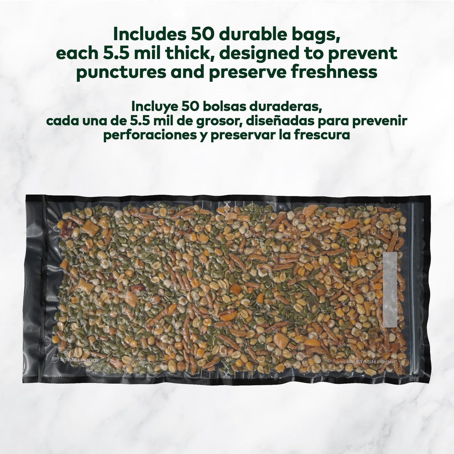 Stash Proof Resealable Zipper Vacuum Seal Bags 11" x 24" (50 Count) 5.5 Mil (Black and Clear) - BPA Free Commerical Grade Food Saver for Storage, Sous Vide, and Meal Prep Sealer Bag