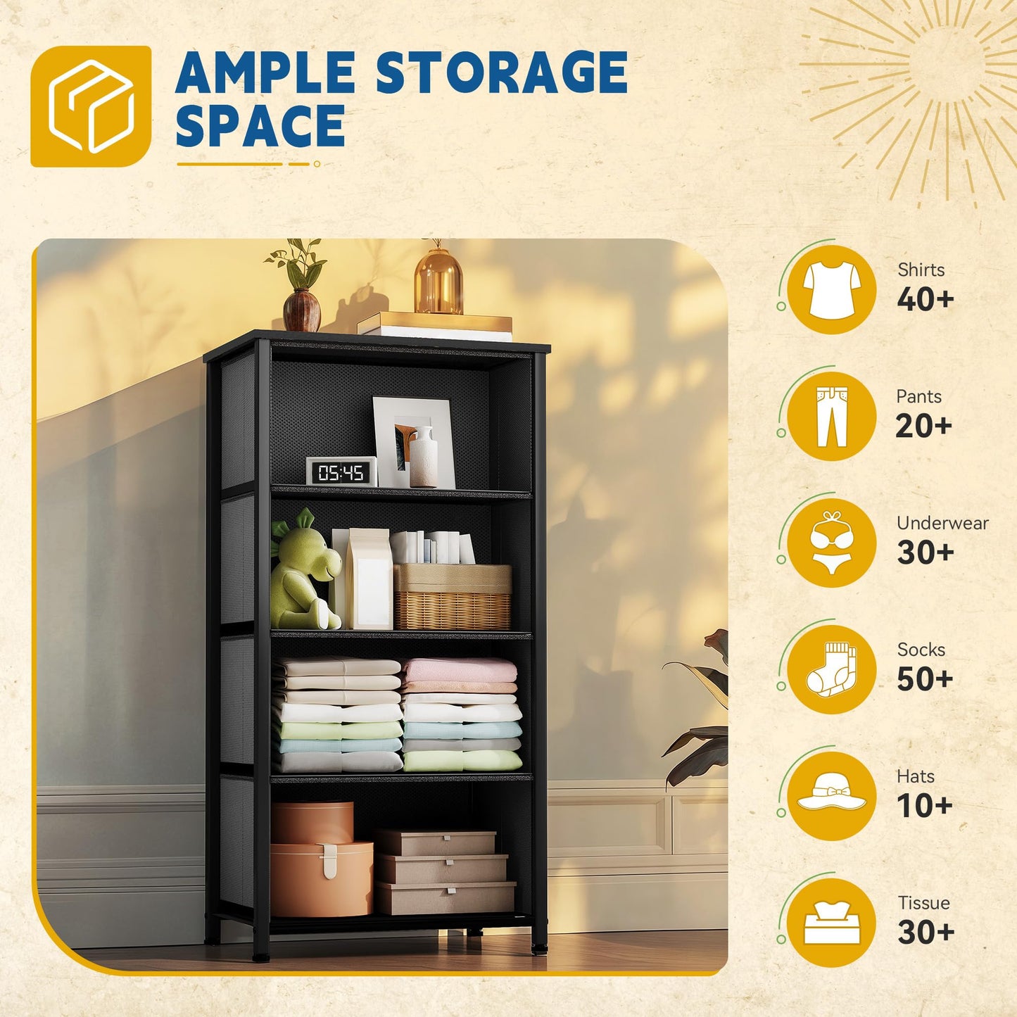 DWVO Storage Tower with 4 Drawers - Fabric Dresser, Organizer Unit for Bedroom, Living Room, Closets - Sturdy Steel Frame, Easy Pull Fabric Bins & Wooden Top