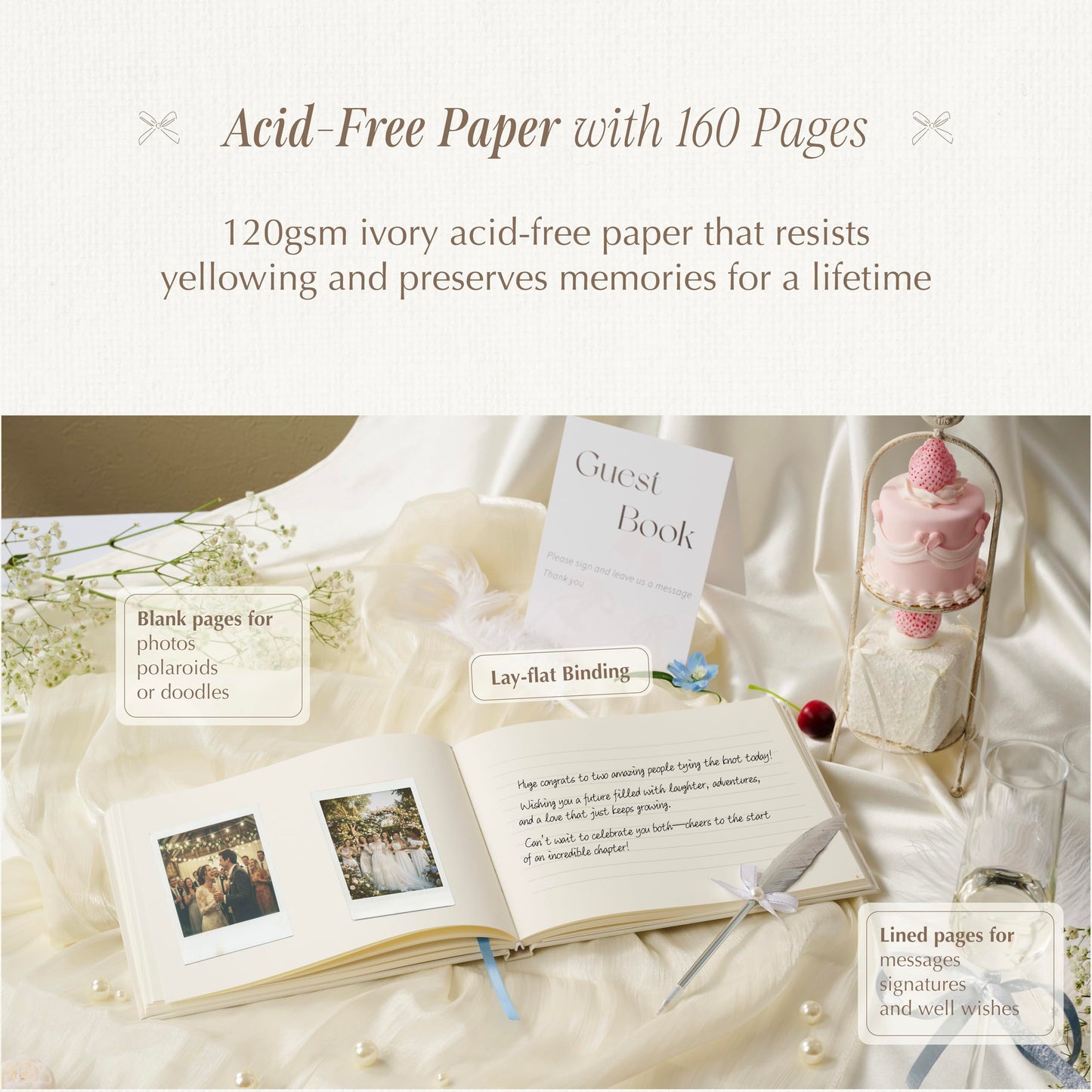 Jottyco Embroidered Wedding Guest Book, Cotton Cover, Acid-Free Paper, 160 Pages, 9" L × 7" W, Sign in Book for Wedding Reception, Baby Shower&Events, with Envelopes, Table Card&Cotton Pouch (Ivory)