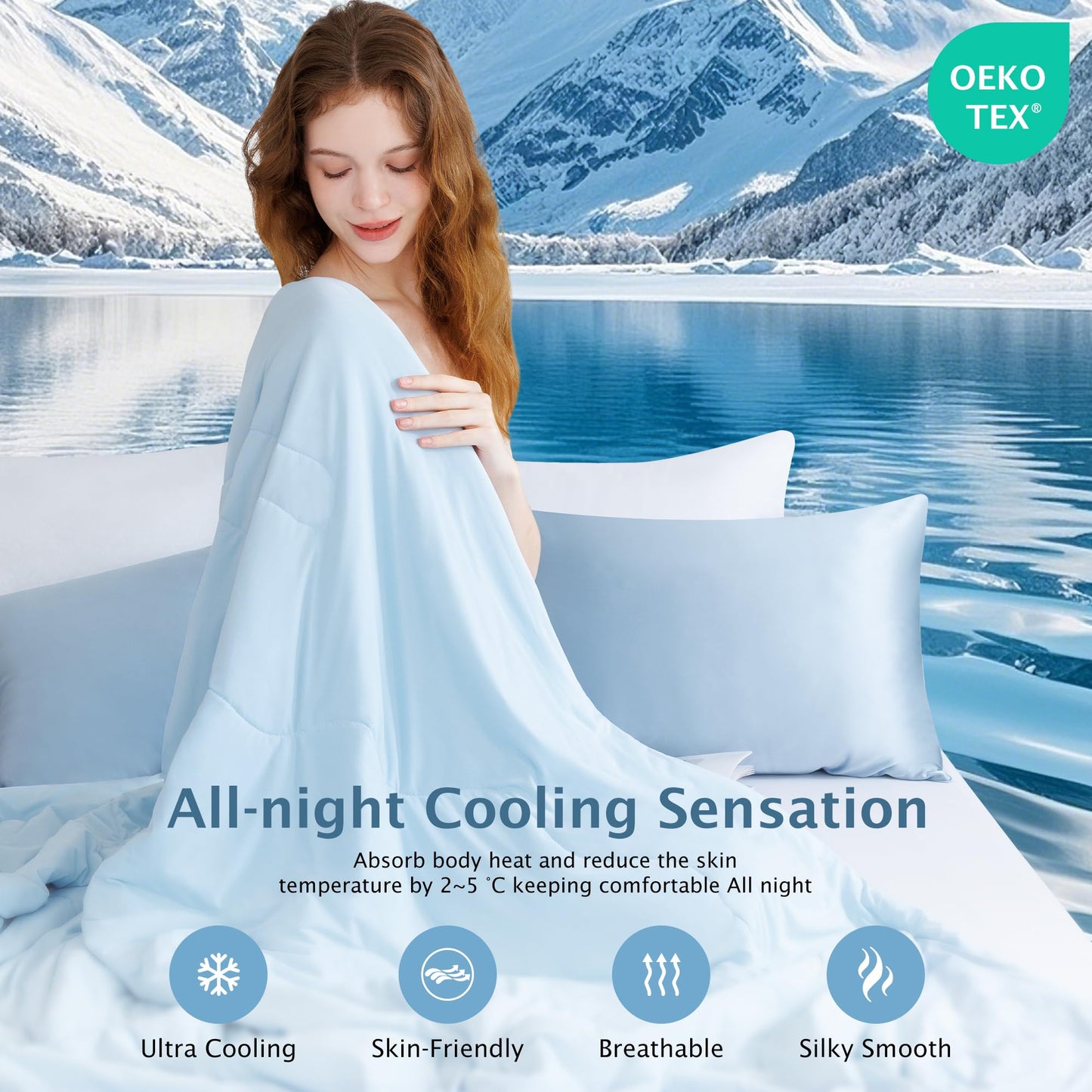 BEAUTEX Cooling Comforter Queen Size - Double Sided Cool Blanket for Hot Sleepers and Night Sweats, Q-Max>0.45, Breathable Lightweight Silky Summer Ice Blankets for All Season (Blue, 90" x 90")