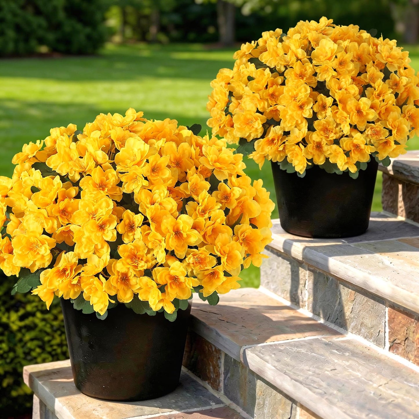 YXZZWL Set of 2 Artificial Azalea Flower Topiary Trees - Fake Silk Flower Potted Plants, Sun-Resistant Faux Outdoor Azalea Bushes for Front Door, Garden, Yard, Farmhouse Decor (Yellow)