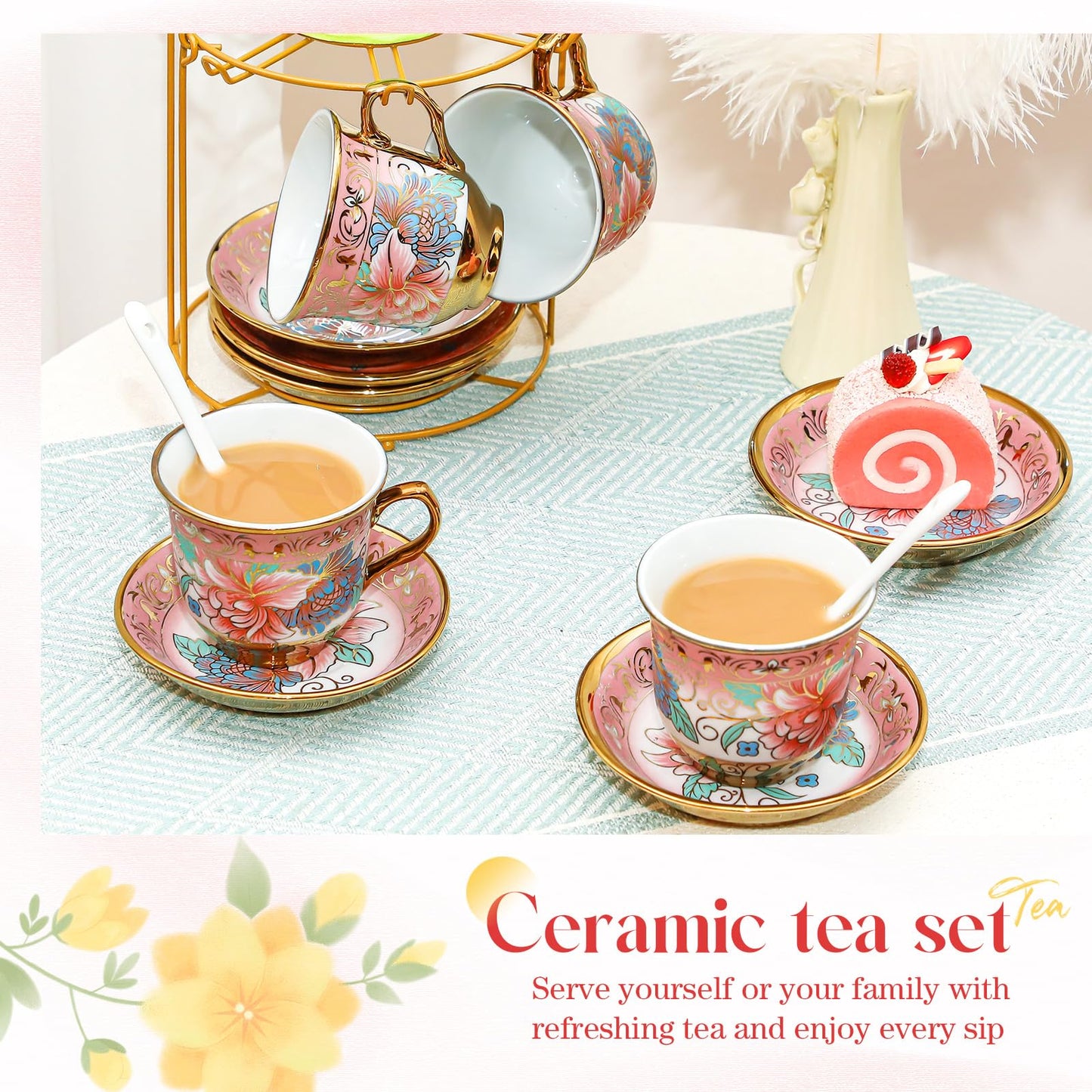 Gandeer 20 Pcs Porcelain Tea Set for Adults with Metal Holder and Spoon European Ceramic Tea Party Set Flower Painting Teapot Cup Saucer for Women Gift, Serving 6 People(Fresh)