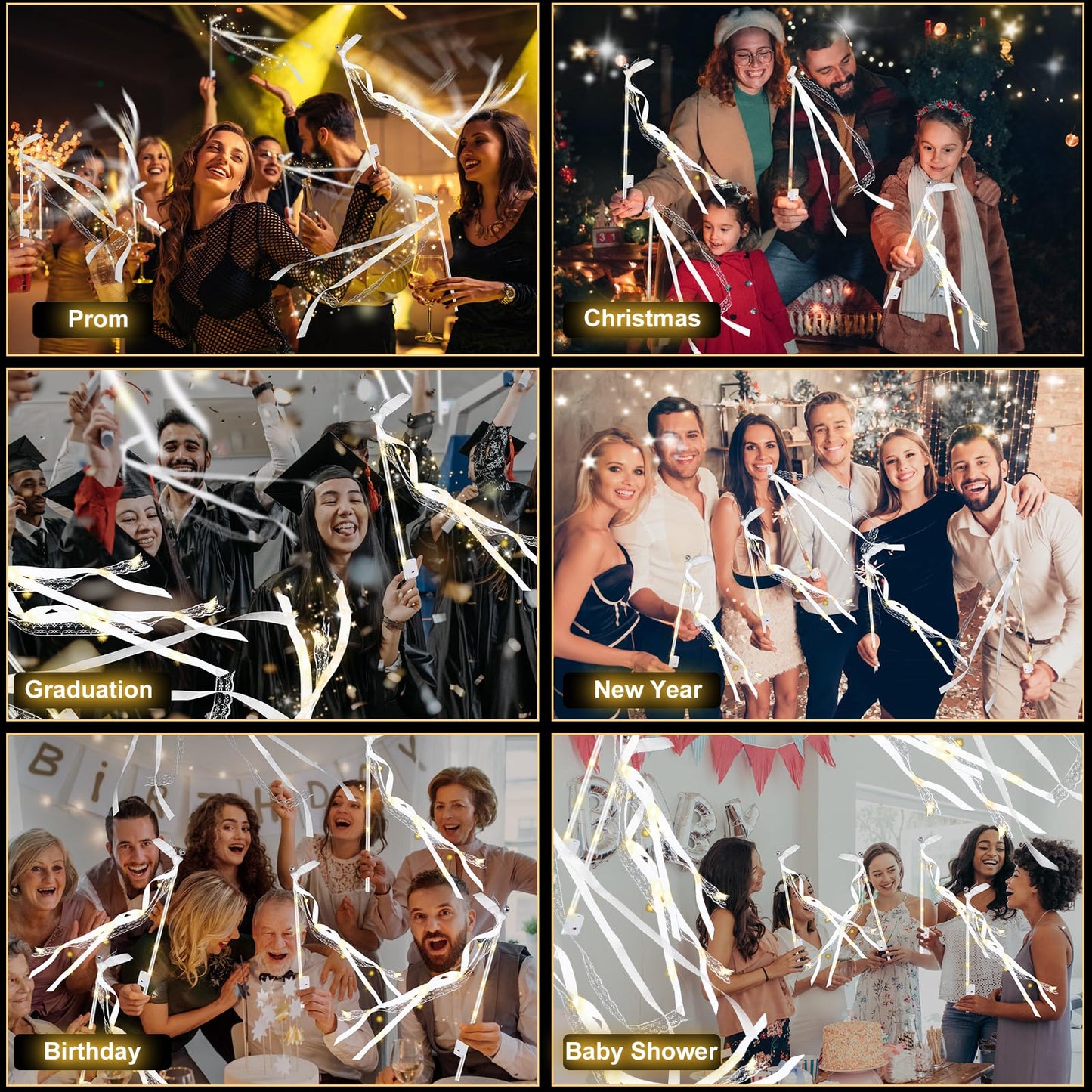 HONLYNE 28PCS Light up Wands for wedding, Wedding Wands Streamers with 3 Colorful Flashing Modes, Fairy Wands, LED Silk Fairy Wand with Bells for Wedding, New Year, Thanksgiving, Concert