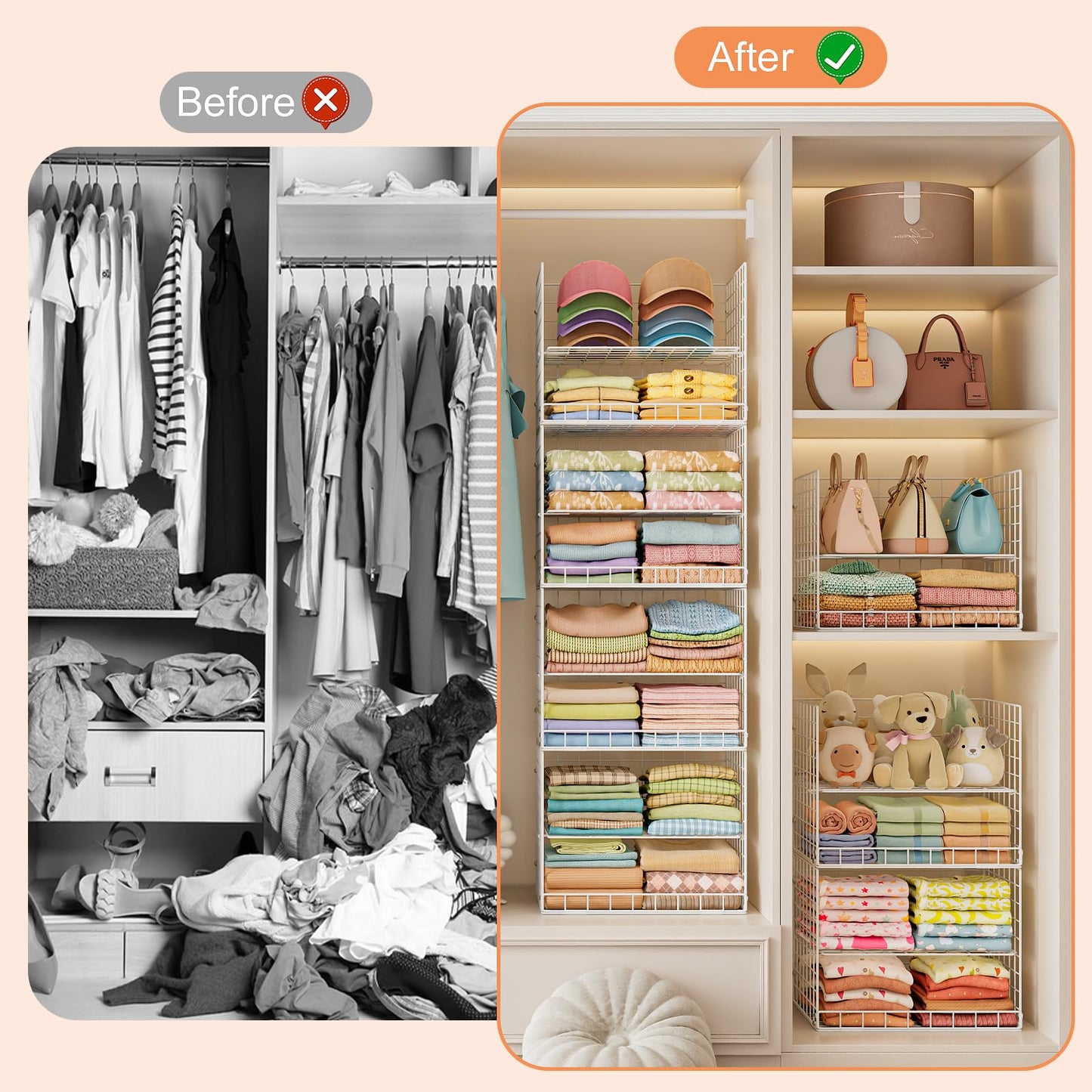 8 Tier Extended Width Hanging Closet Organizer, Sweater Storage for Closet Organizer System, Stackable Wire Basket Bins for Clothes Purse Shoes, Hanging Shelves with 4 Hooks & 4 Dividers Adjustable