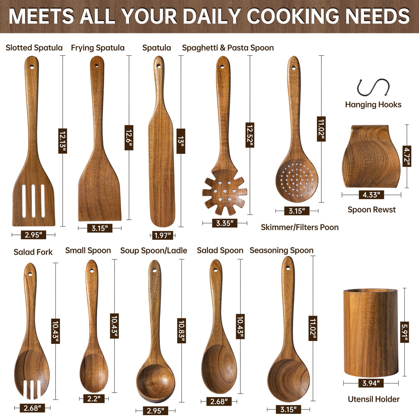 FYCTIO Wooden Utensil Set 12 PCS - Natural Non-Toxic Acacia Wooden Spoons for Cooking, Nonstick, Sturdy, Easy to Clean, Wood Kitchen Utensils Set with Holder, Spoon Rest & 6 Hooks, Ideal for Gifting