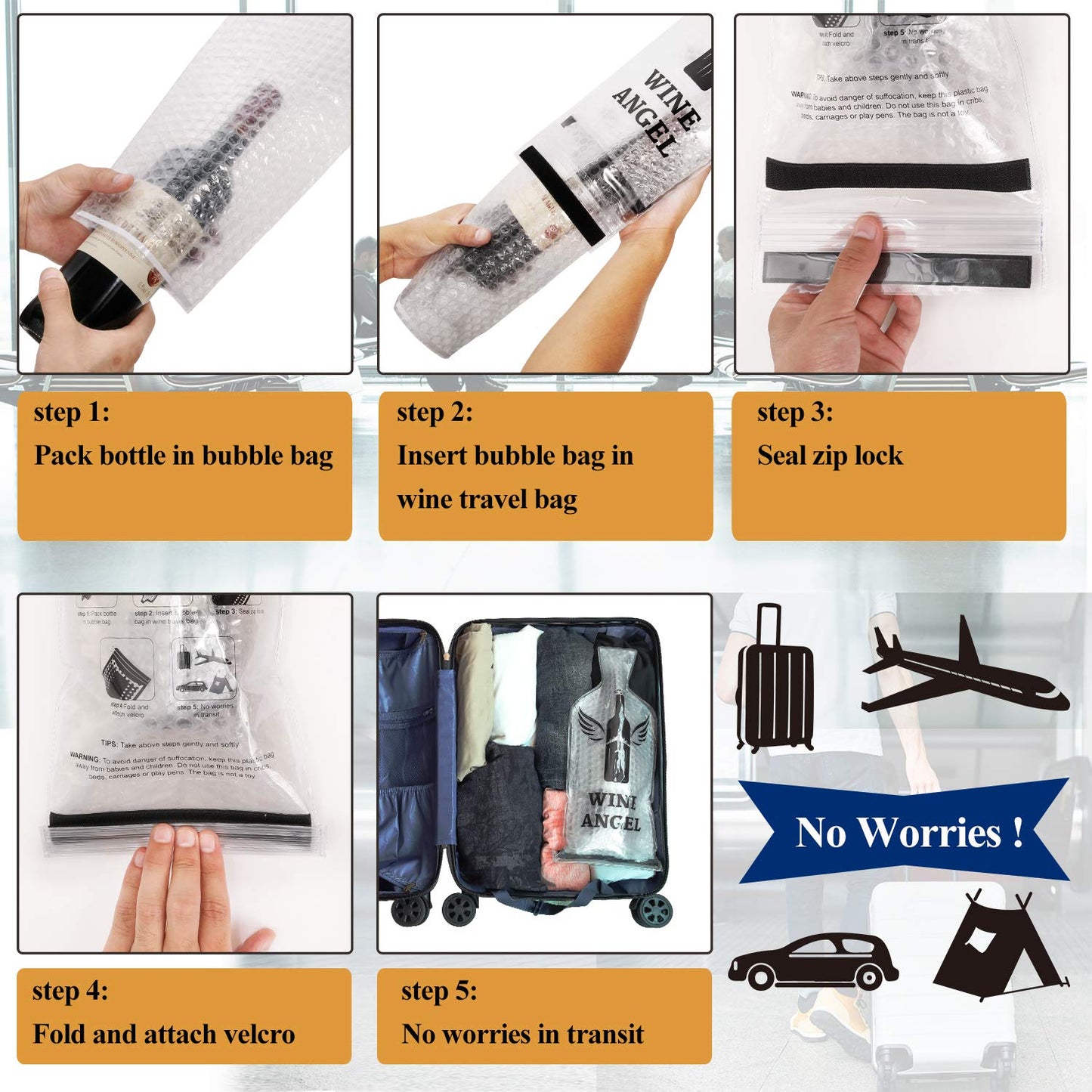 [UPGRADED PROTECTION] 8 Set (16 pcs) Reusable Wine Bags for Travel, Wine Travel Protector, Bottle Travel Sleeve Case For Airplane, Car, Cruise, TRIPLE Protection Luggage Leakproof Safety Impact Resist