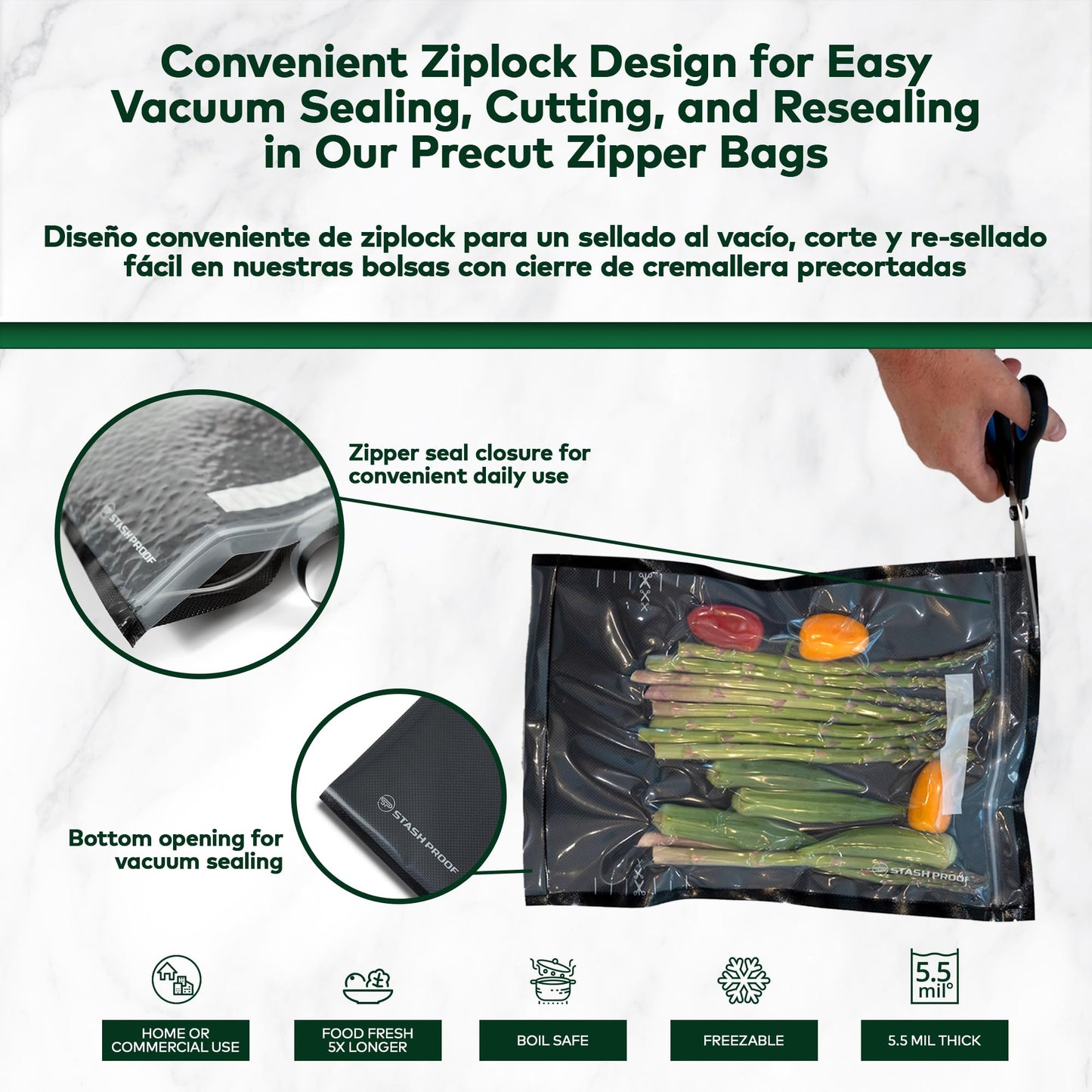 Stash Proof Resealable Zipper Vacuum Seal Bags 11" x 24" (50 Count) 5.5 Mil (Black and Clear) - BPA Free Commerical Grade Food Saver for Storage, Sous Vide, and Meal Prep Sealer Bag