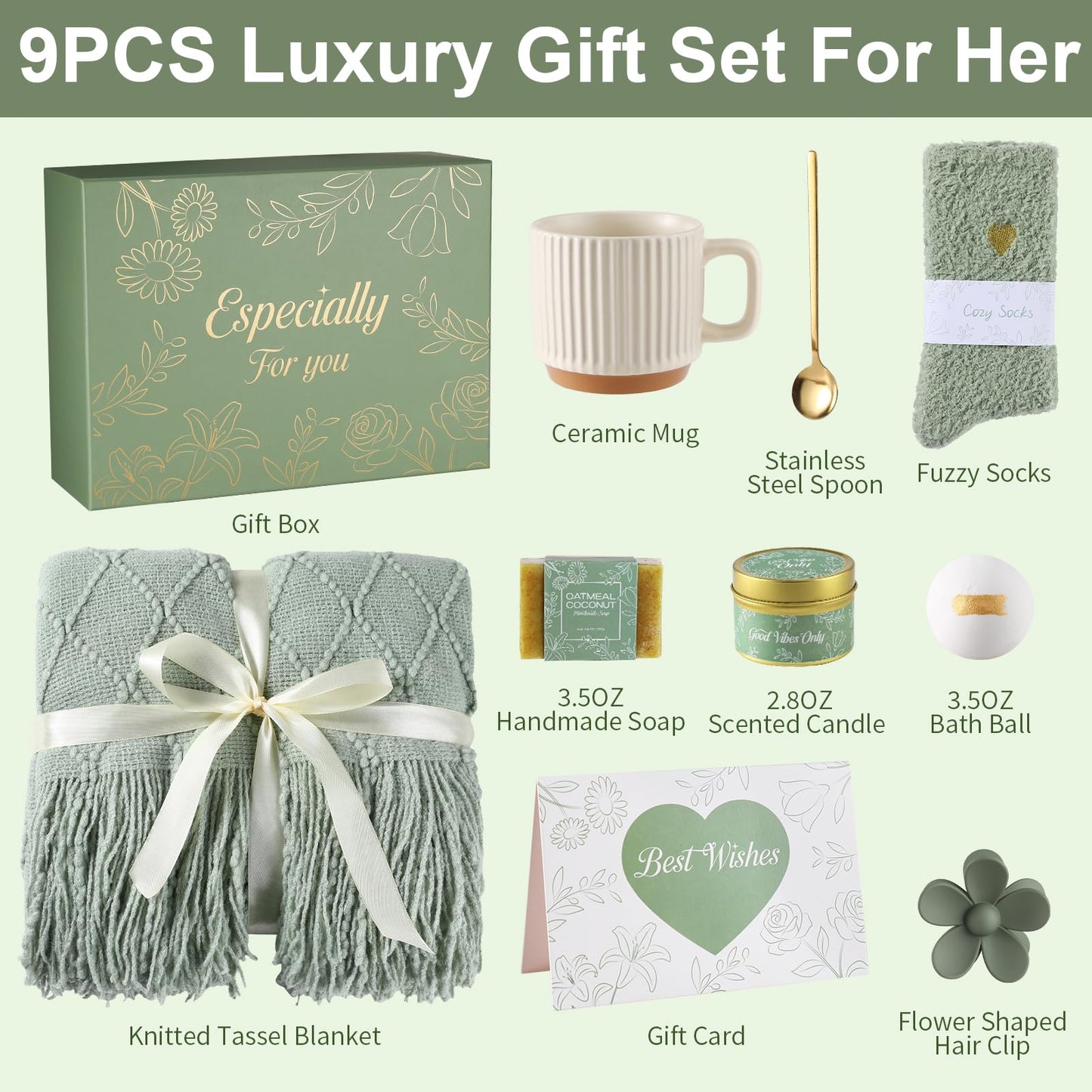 ENJOLLY Get Well Soon Gifts Baskets for Women Self Care Gifts,Birthday Gifts for Women Spa Care Package, Set for Mom Wife Girlfriend Sister Best Friend (Green)