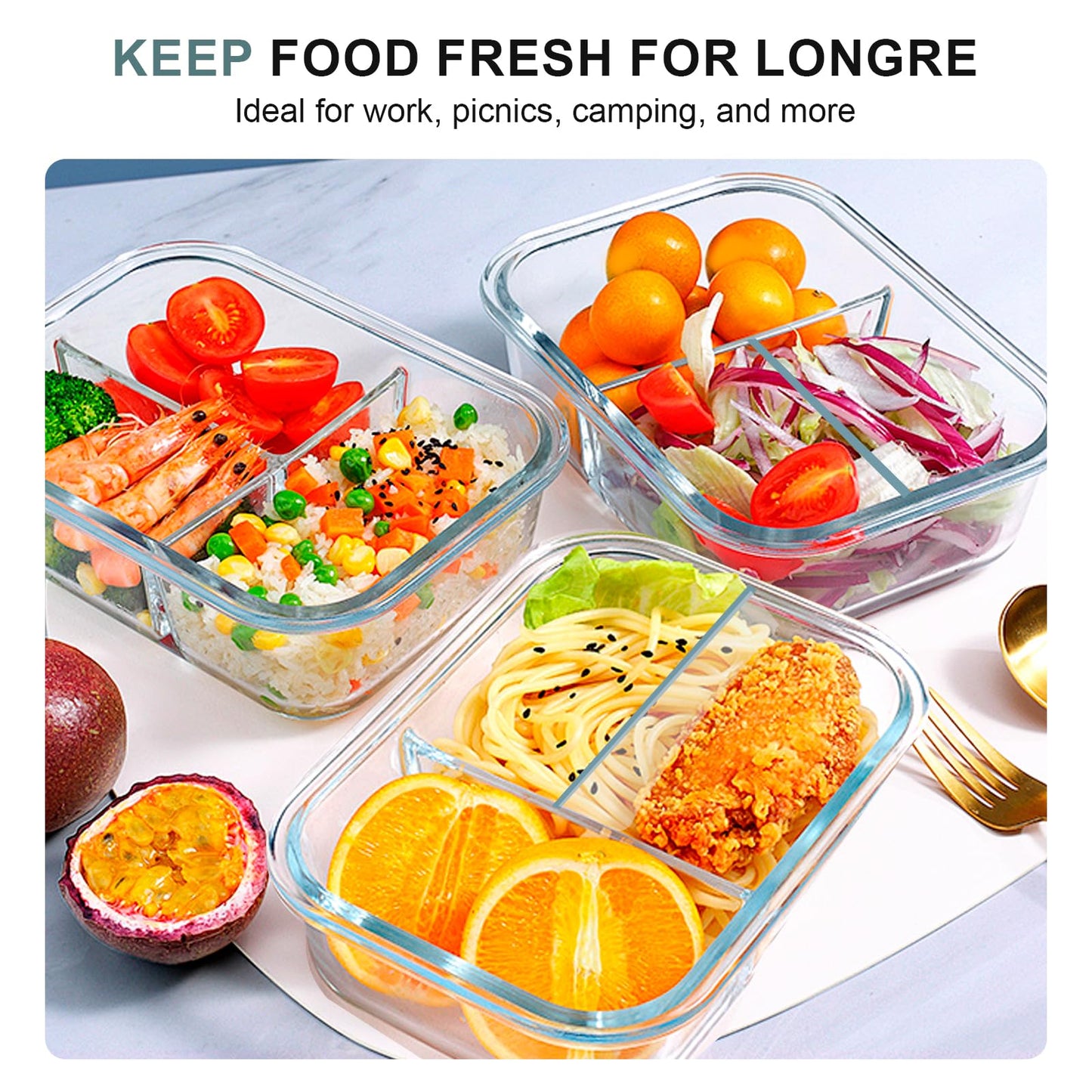 KOMUEE Glass Meal Prep Containers 3 Compartments, 5 Pack 36 oz, Glass Food Storage Containers with Lids, Airtight Lunch Bento Box, Portion Control, Freezer and Microwave Safe