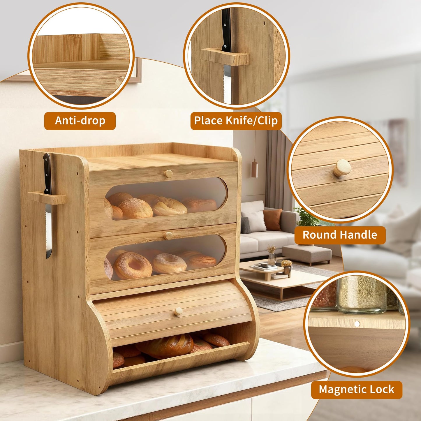 Coolfat Bread Box for Kitchen Countertop, 3 Tier Large Capacity Breadbox, with Window, Cutting Board Rack and Knife Holder, Bamboo Bread Container, Under Cabinet Organizer