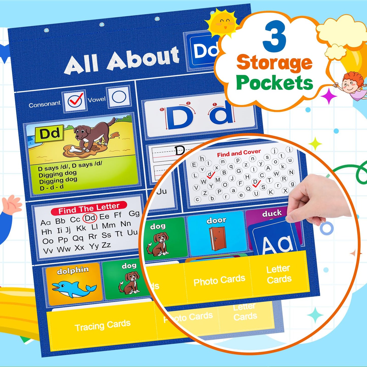 Meetory Alphabet Learning Pocket Chart - 41x28.3in Alphabet Wall Chart ABC Flash Cards Learning, Handwriting Practice Letter Tracing for Homeschool Supplies Preschool Kindergarten Classroom Must Haves