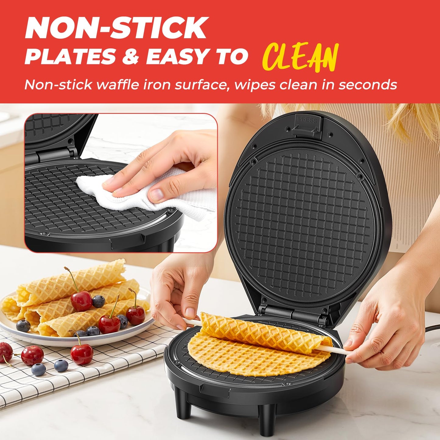 Waffle Cone Maker and Ice Cream Cone Maker with Cone Roller, 1000W Double Side Even Heating Thin Waffle Maker, Makes Crispy Waffle Cones, 7.5" Nonstick Plate Egg Roll Maker, Easy to Clean, Black
