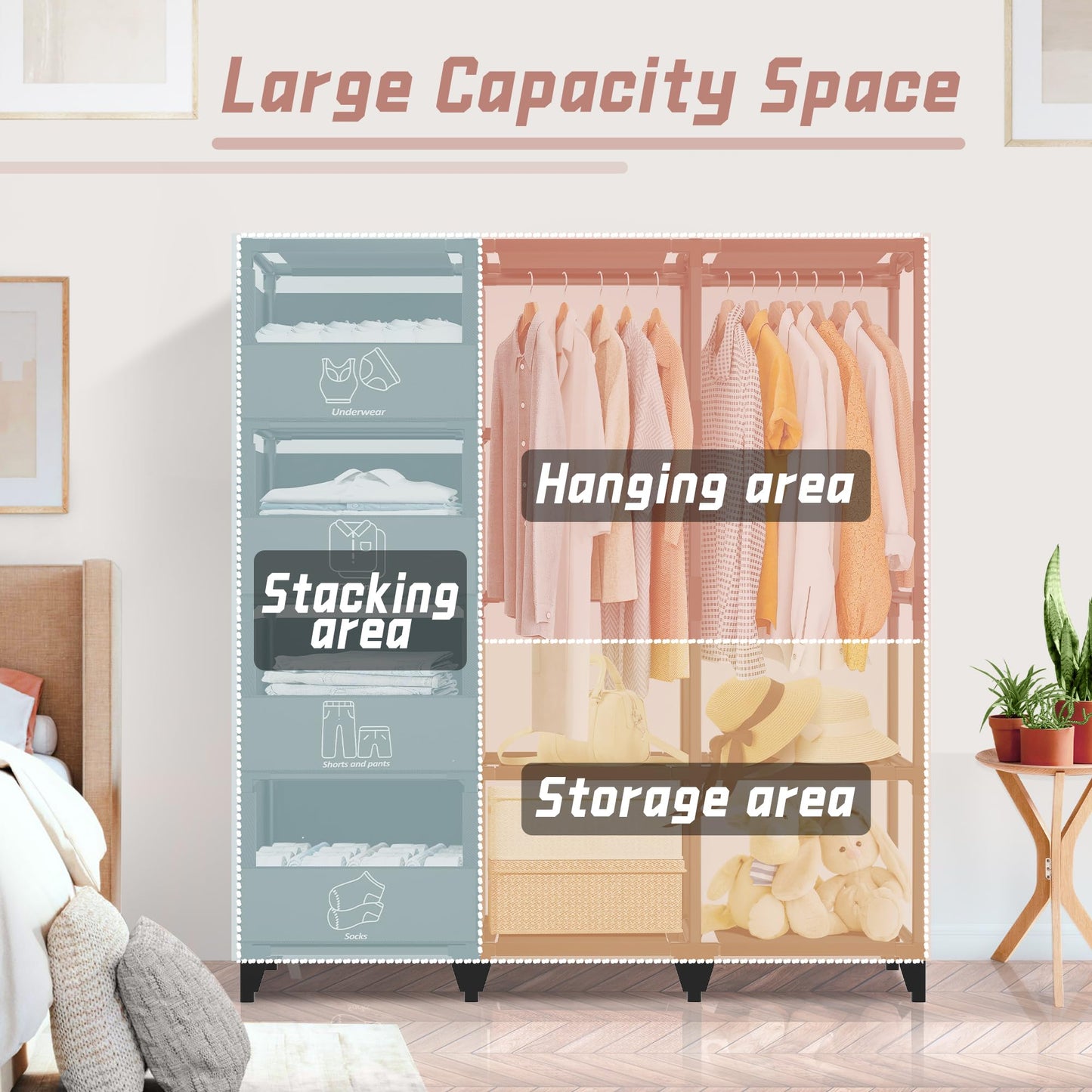 Jofuler Portable Closet, Easy Assembly, Large Capacity Wardrobe Closet, Sturdy and Stable Clothes Rack with Shelves 4 Storage Baskets and 2 Hanging Rods, for Bedroom and Cloakroom Black