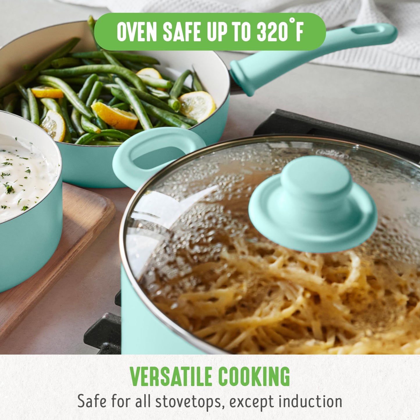GreenLife 6QT Nonstick Stockpot with Straining Lid, Soft Grip, PFAS-Free Ceramic, Pour Spout, Multipurpose Cooking Pot, Sauces & Soups, Milk Pan, Stay-Cool Handles, Dishwasher & Oven Safe, Turquoise