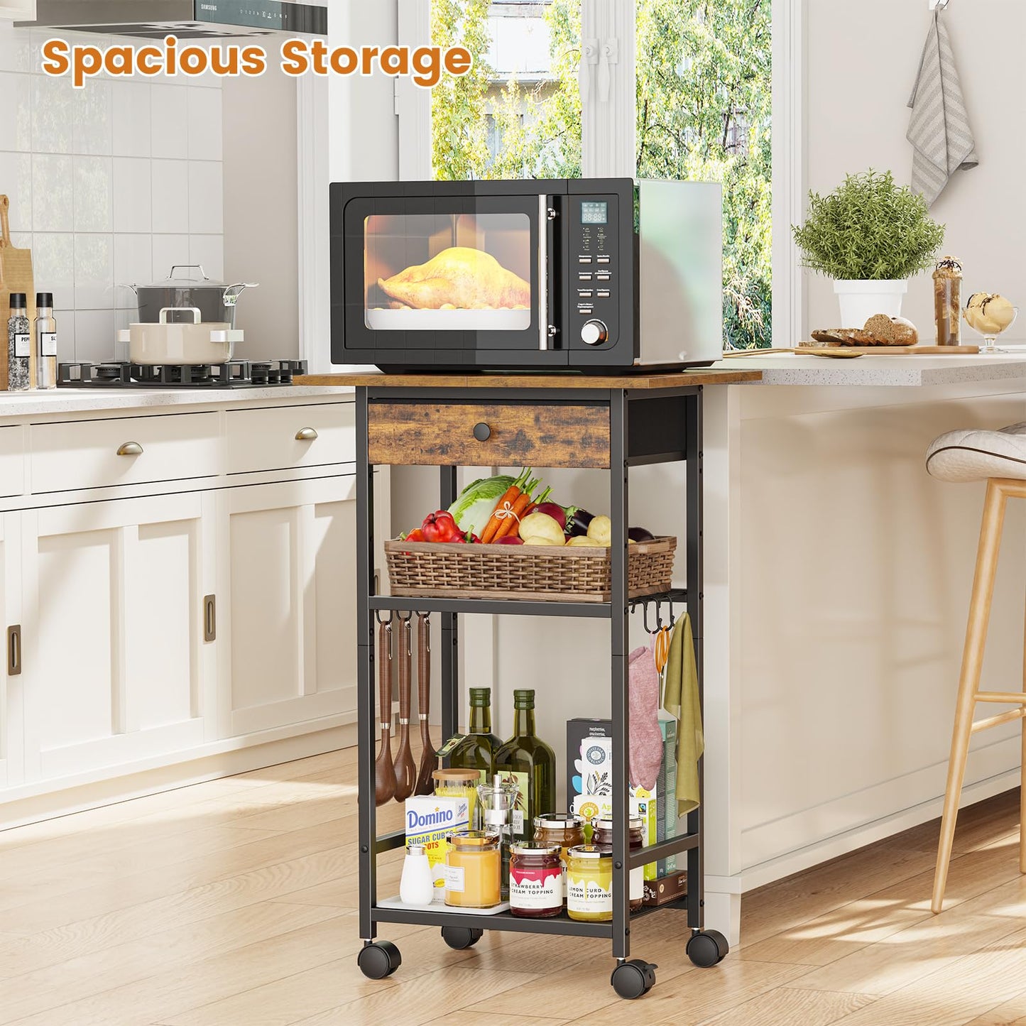 Draelibor Microwave Cart, 4-Tier Microwave Stand with Adjustable Shelf, Kitchen Storage Cart on Wheels, Coffee Bar Cart Shelf for Living Room, Kitchen Island, Office, Balcony, Rustic Brown