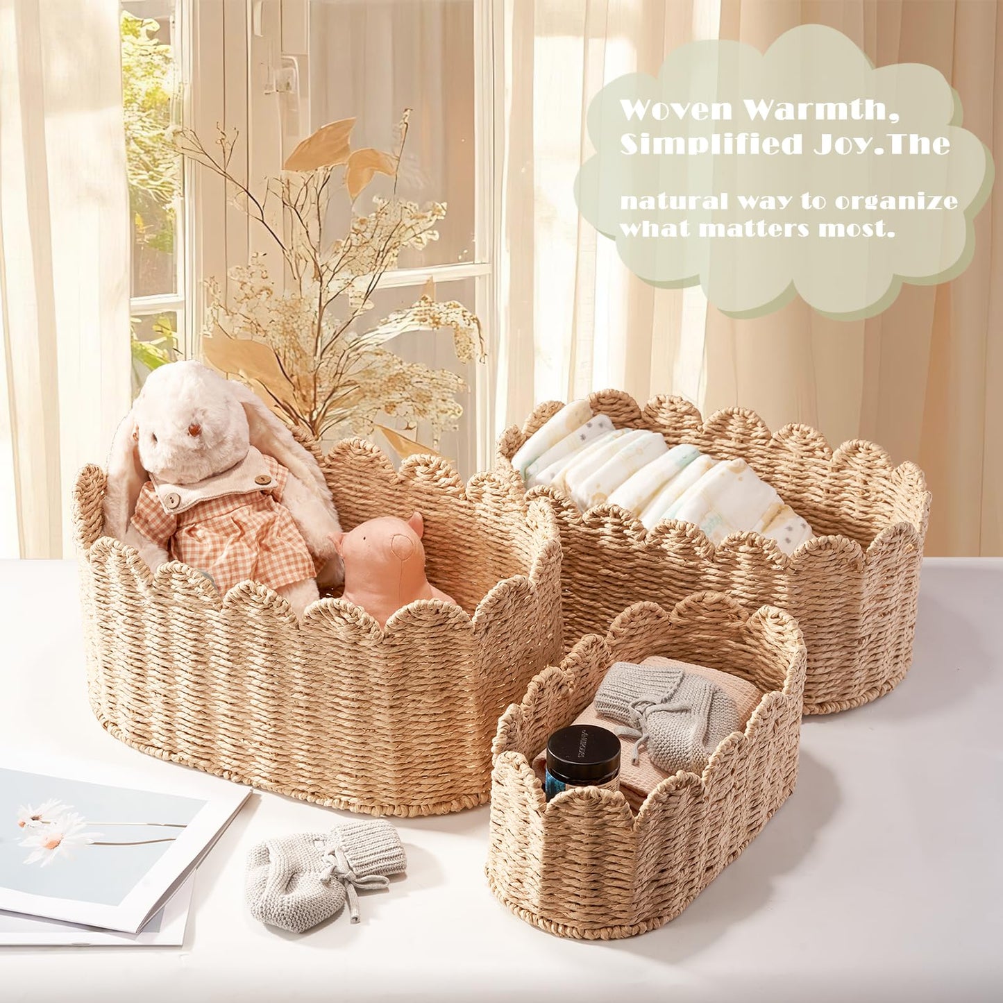 Scalloped Basket Set of 3, Wicker Storage Baskets - Hand-Woven Paper Rope Nursery Organizer for Diaper Caddy, Baby Toys & Shelves, Natural (16x10x7 Inch)