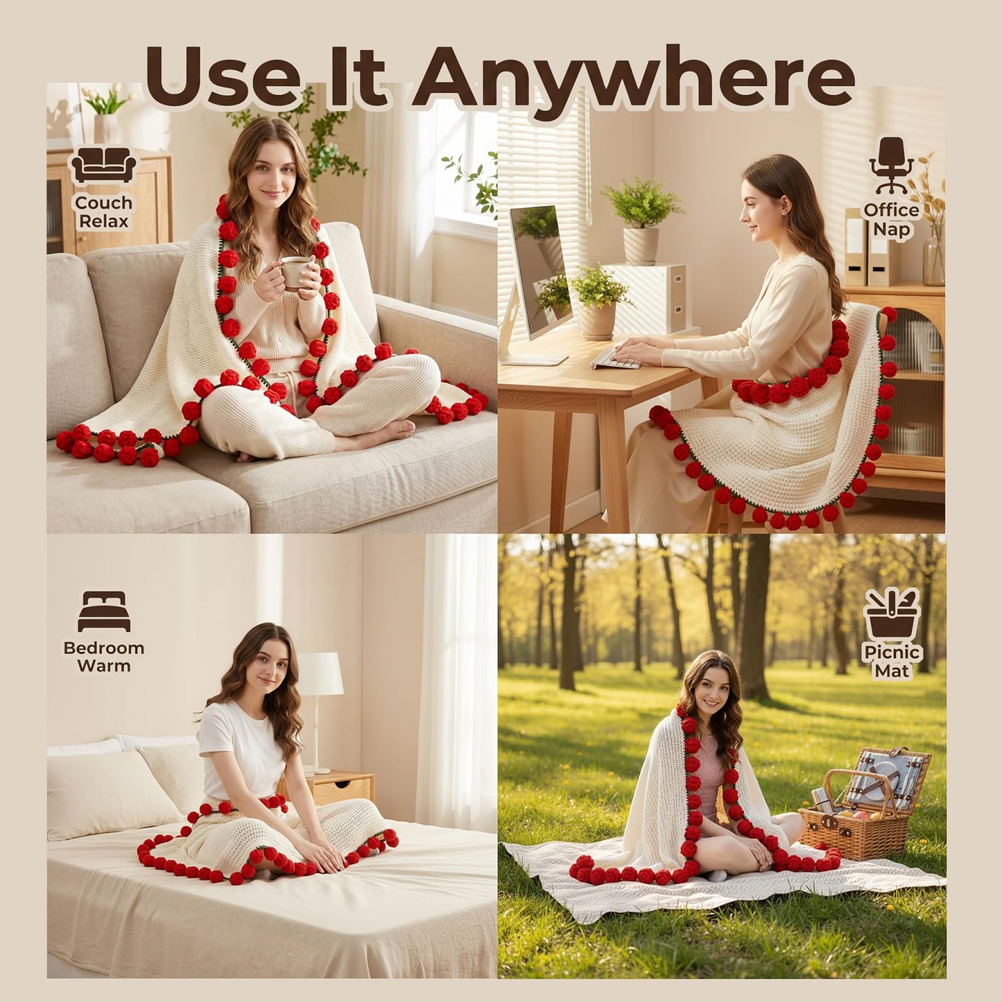 UODOR Flower Bouquet Blanket,Crochet Flower Bouquet Blanket Handmade, for Mother's Day, Valentine's Day, Birthday, Mom Grandma Home Sofa Decor (Finished Product) (Red, Small（31X31inches）)