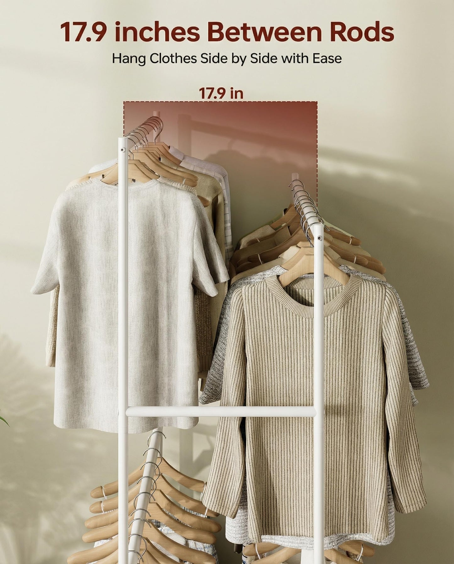 Heavy Duty Clothes Rack - 41.3" x 21.7" x 76.8", 4-Bar Double Rod Rolling Metal Clothing Rack for Hanging Clothes, Portable Garment Rack with Wheels for Bedroom Laundry, Closet Wardrobe, White