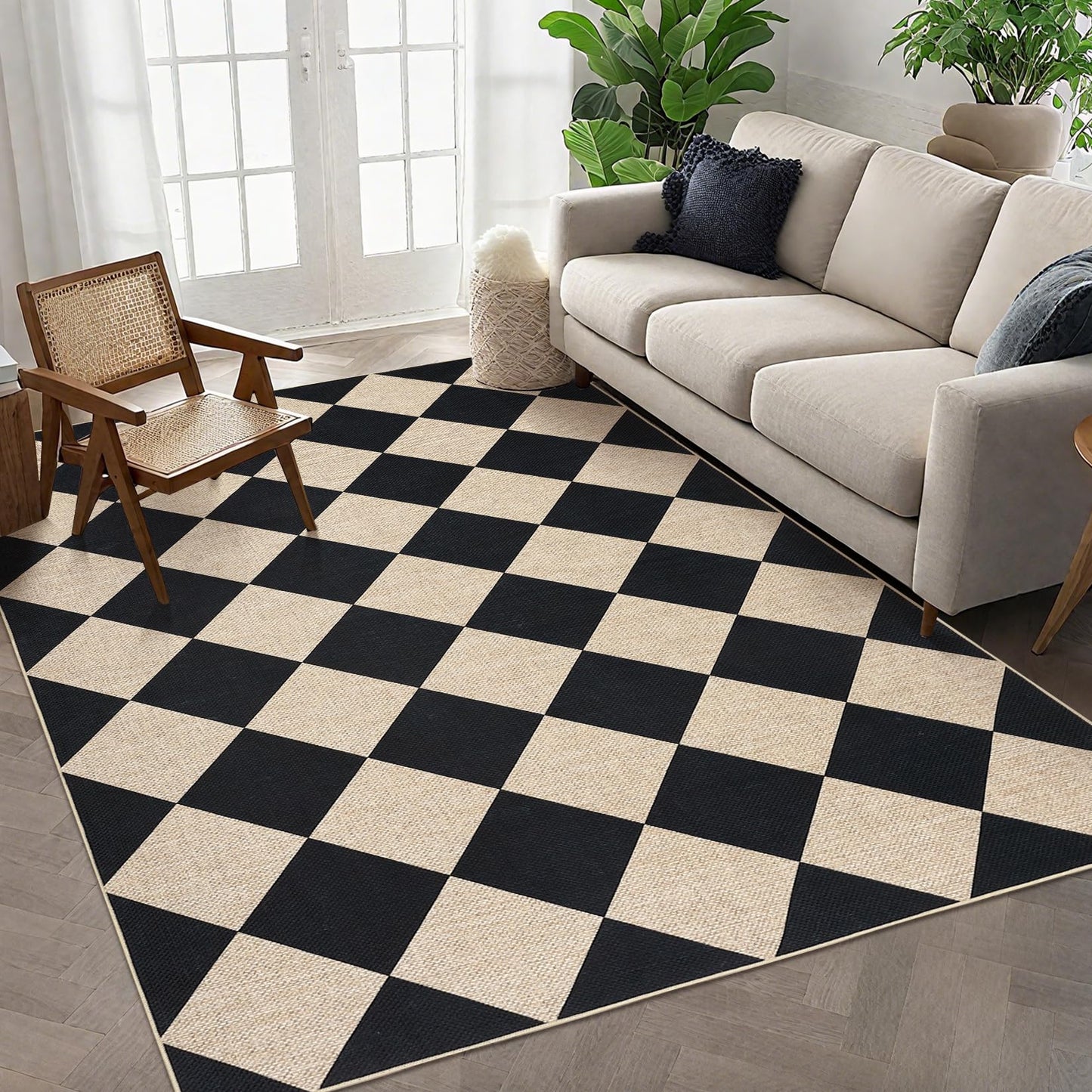 GarveeHome Checkered Easy Jute 5x7 Area Rugs for Living Room Machine Washable Non-Slip Backing Stain Resistant Modern Indoor Outdoor Rugs for Farmhouse Dining Room Patio Black