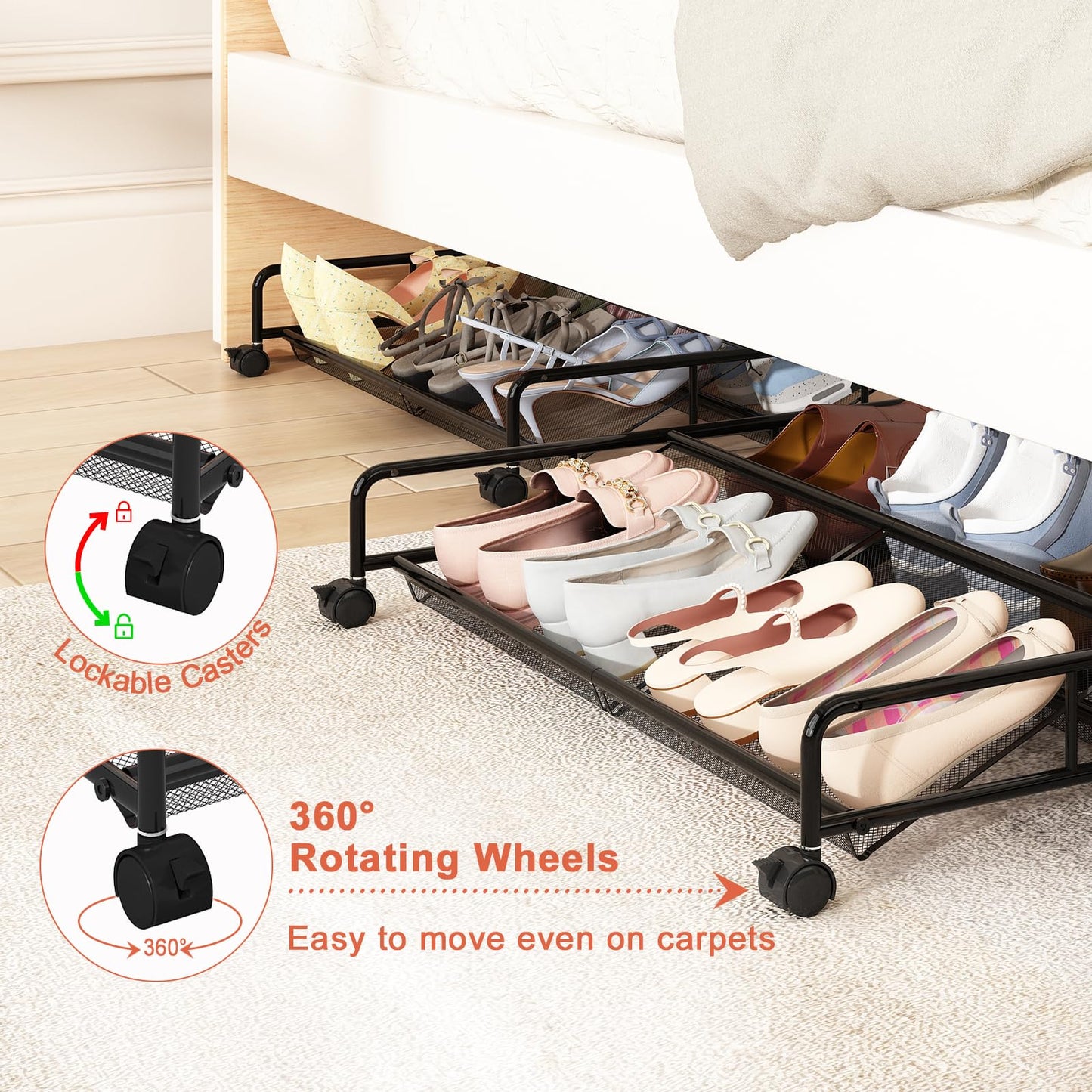 KOSIWU Under Bed Shoe Storage Organizer, 2 Pack Metal Mesh Under Bed Storage Containers with Wheels, Shoe Organizer Drawer Space Saving for Bedroom