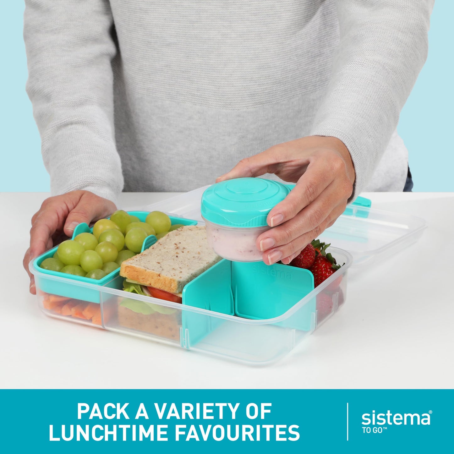 Sistema To Go 1.48L (2-Pack) Bento Box Food Storage Containers, School Lunch Boxes with Removable Dividers & Snack Pot, Two 1.48L Containers, Freezer, Microwave, & Dishwasher-Safe, BPA-Free