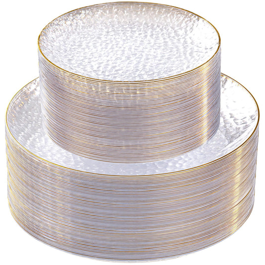 SUT 100Pcs Clear Plastic Plates, Hammered Plates Disposable Heavy Duty, Clear Disposable Plates With Gold Rim, Fancy Plastic plates Include 50 Dinner plate and 50 Dessert plate for Wedding