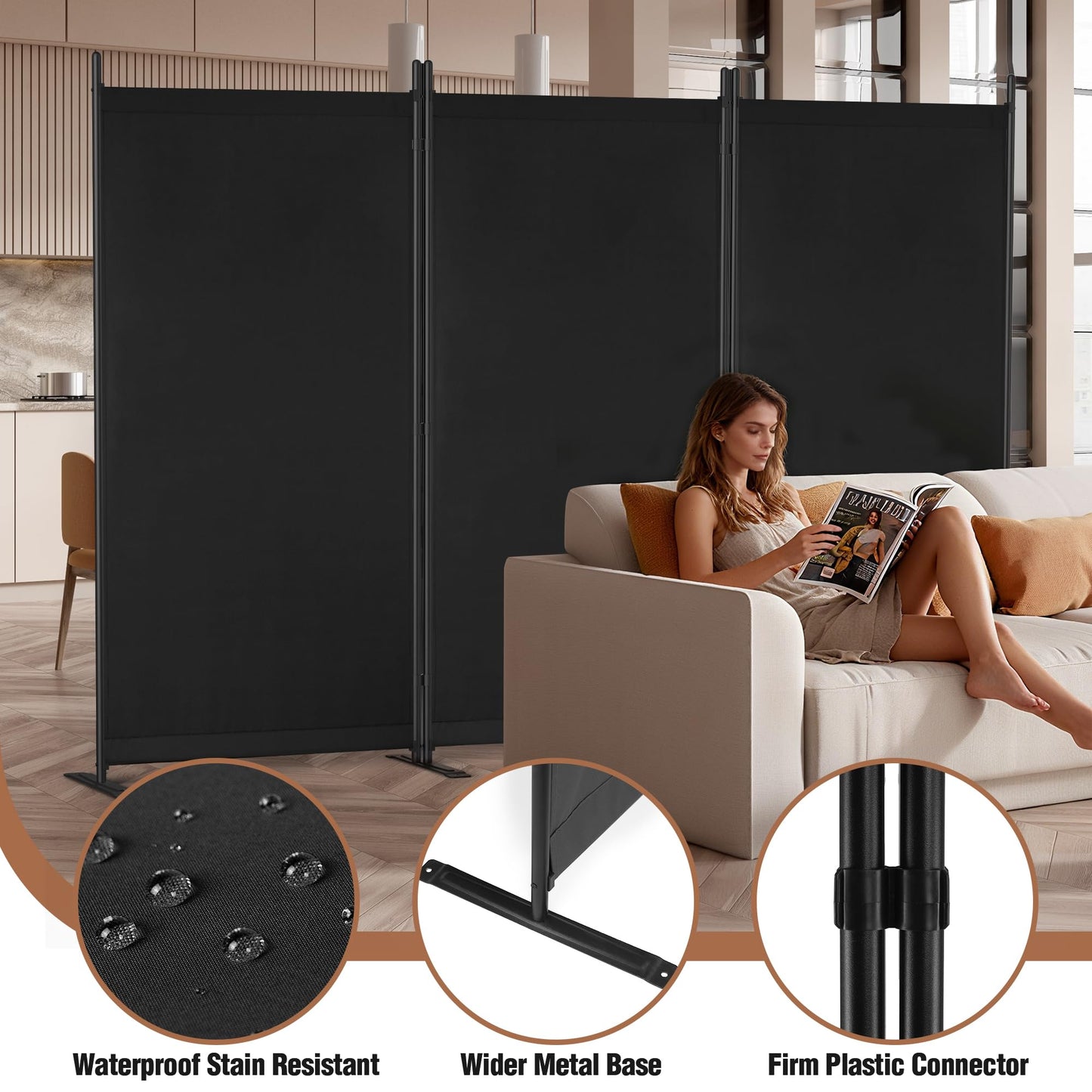 Yettsoy Room Divider 6FT Folding Privacy Partition Screen, 103'' W Freestanding Wall Divider for Room Separation, Portable 3 Panel Room Divider Panel Privacy Screen for Dorm Studio Office, Black