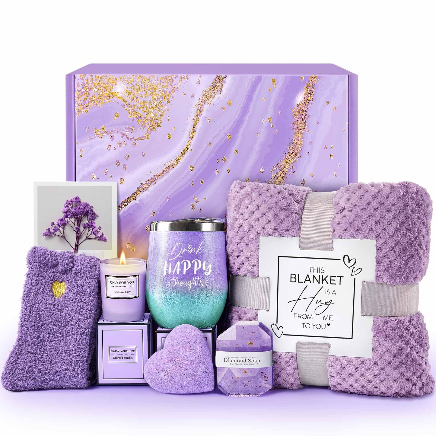 LE CADEAU Mothers Day Birthday Gifts for Mom Grandma Wife Girlfriend Friends Sister, for Women, Self Care Get Well Soon Gifts, Lavender Relaxing Spa Gift Basket Care Package w Blanket