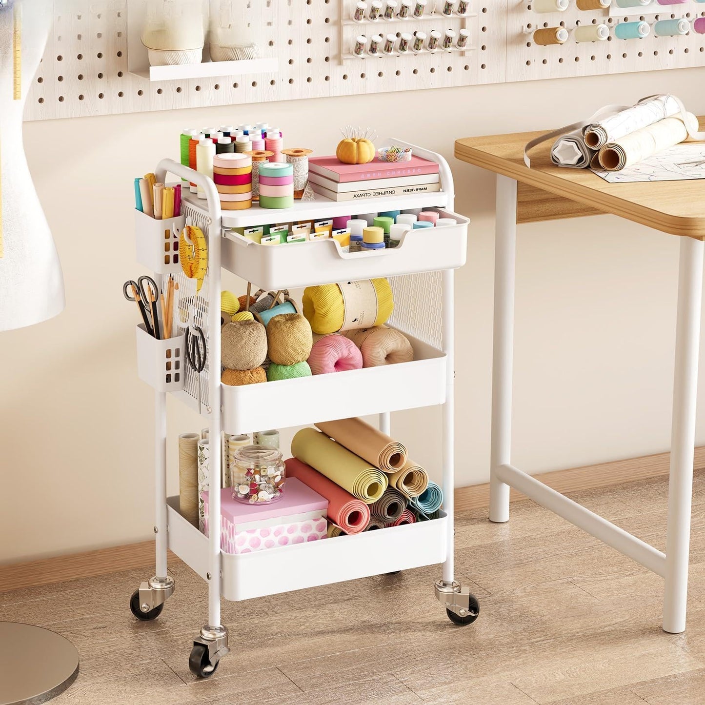3 Tier Metal Rolling Utility Cart with Drawer & Pegboard - Multifunctional Storage Cart on Wheels with Tabletop, Hooks & Basket, Sturdy Craft & Art Cart for Bathroom, Bedroom, Children Room, White