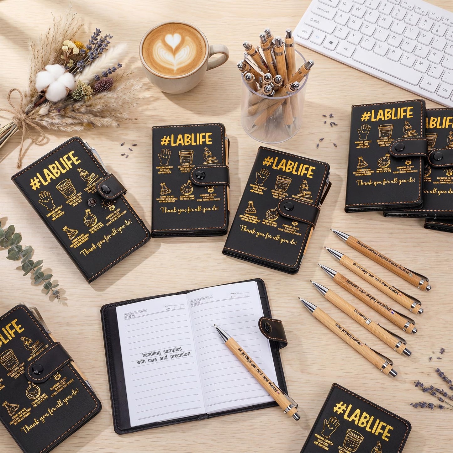 TaoBary 20 Sets Medical Lab Week 2026 Thank You Gift Bulk Black A6 Leather Notebook Journal with Bamboo Pens for Laboratory Tech Professionals Scientists Chemistry Office Supplies (Lab Stylish)