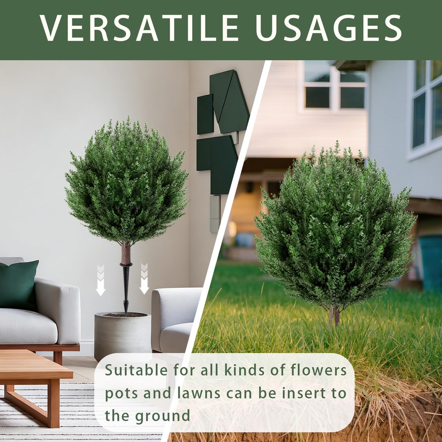 SylvanVerse 2 Pack 2FT Artificial Cedar Topiary Trees with Ground Spike, Fake Pine Shrubs Bushes, UV Resistant Faux Evergreen Cypress Tree Plants for Indoor Outdoor Planters Front Porch
