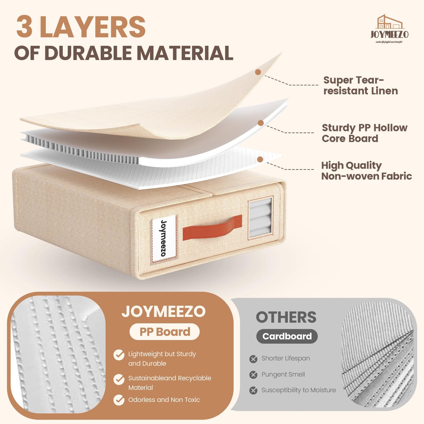 Joymeezo 6 Pack Bed Sheet Organizers and Storage(King &Queen Size) with an Elastic Strap, Foldable Closet Linen Sheet Storage Container, Sheet Set Box for Blanket, Duvet Cover and Pillowcase, Beige