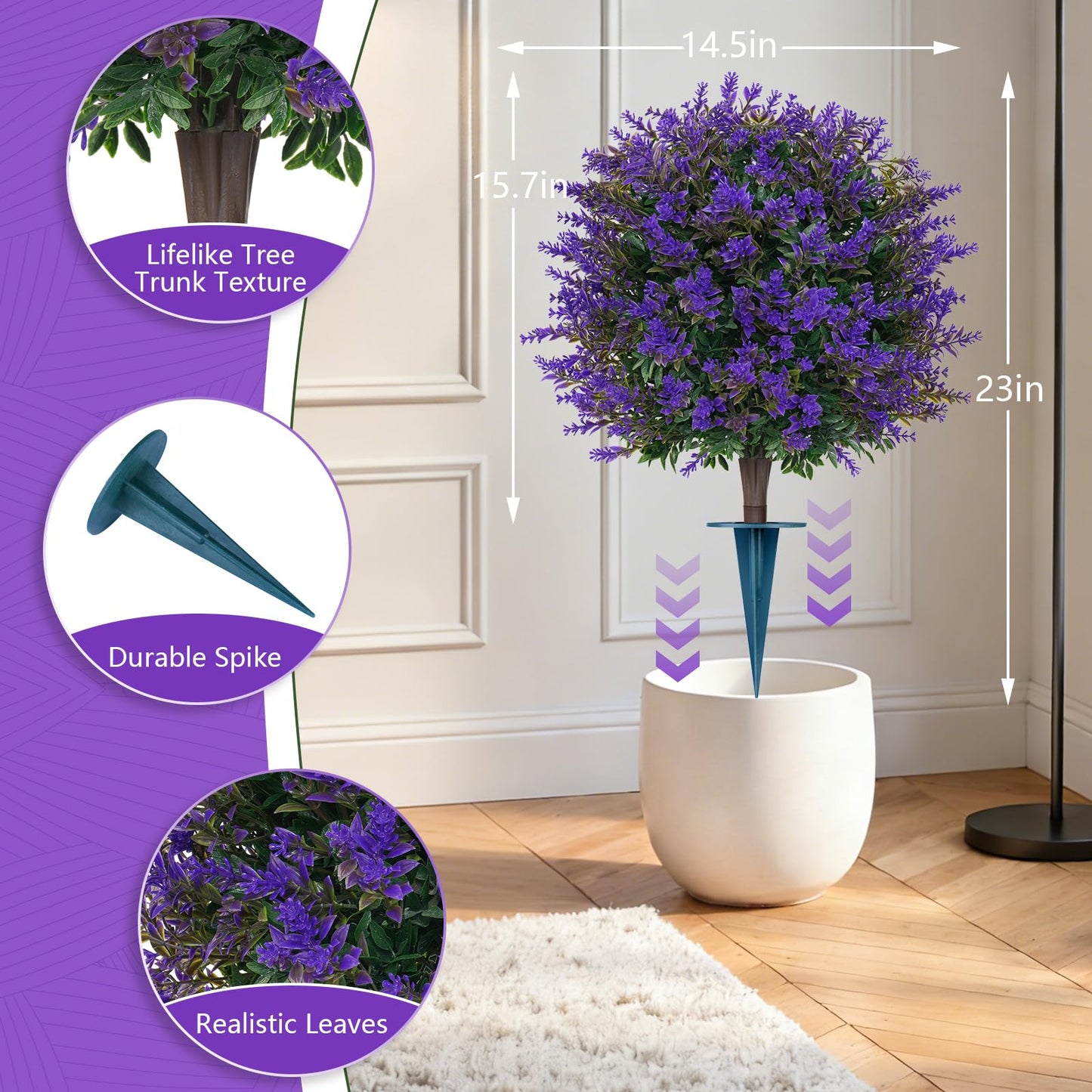 Grooy Artificial Lavender Topiary Ball for Outdoors, Set of 2 Boxwood Plant Tree with Spike, Fake Shrubs UV Resistant Faux Plants for Indoor Outdoor Decor