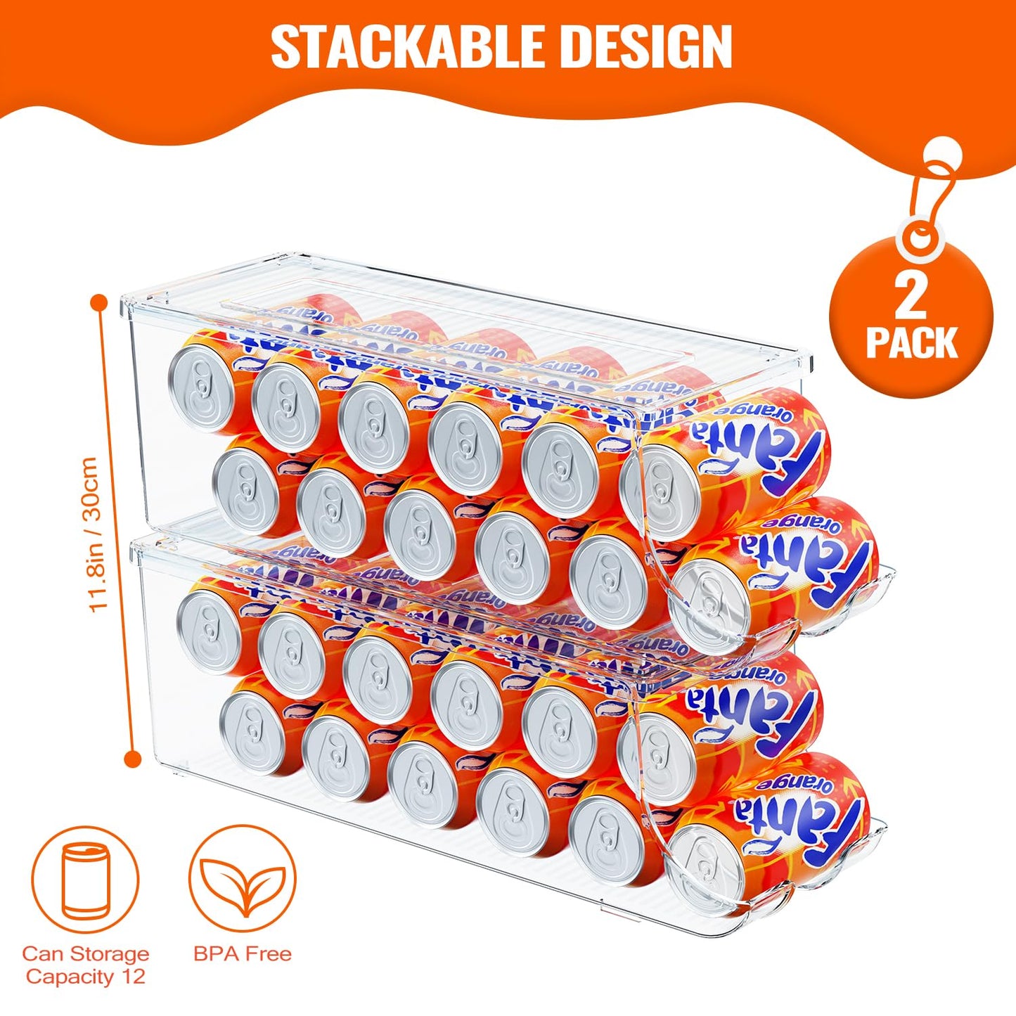 SCAVATA 2 Pack Soda Can Organizer for Refrigerator, Stackable Canned Food Pop Cans Container Can Holder Dispenser with Lid for Fridge Rack Freezer, Clear Storage Bins-Holds 12 Cans Each (Clear)