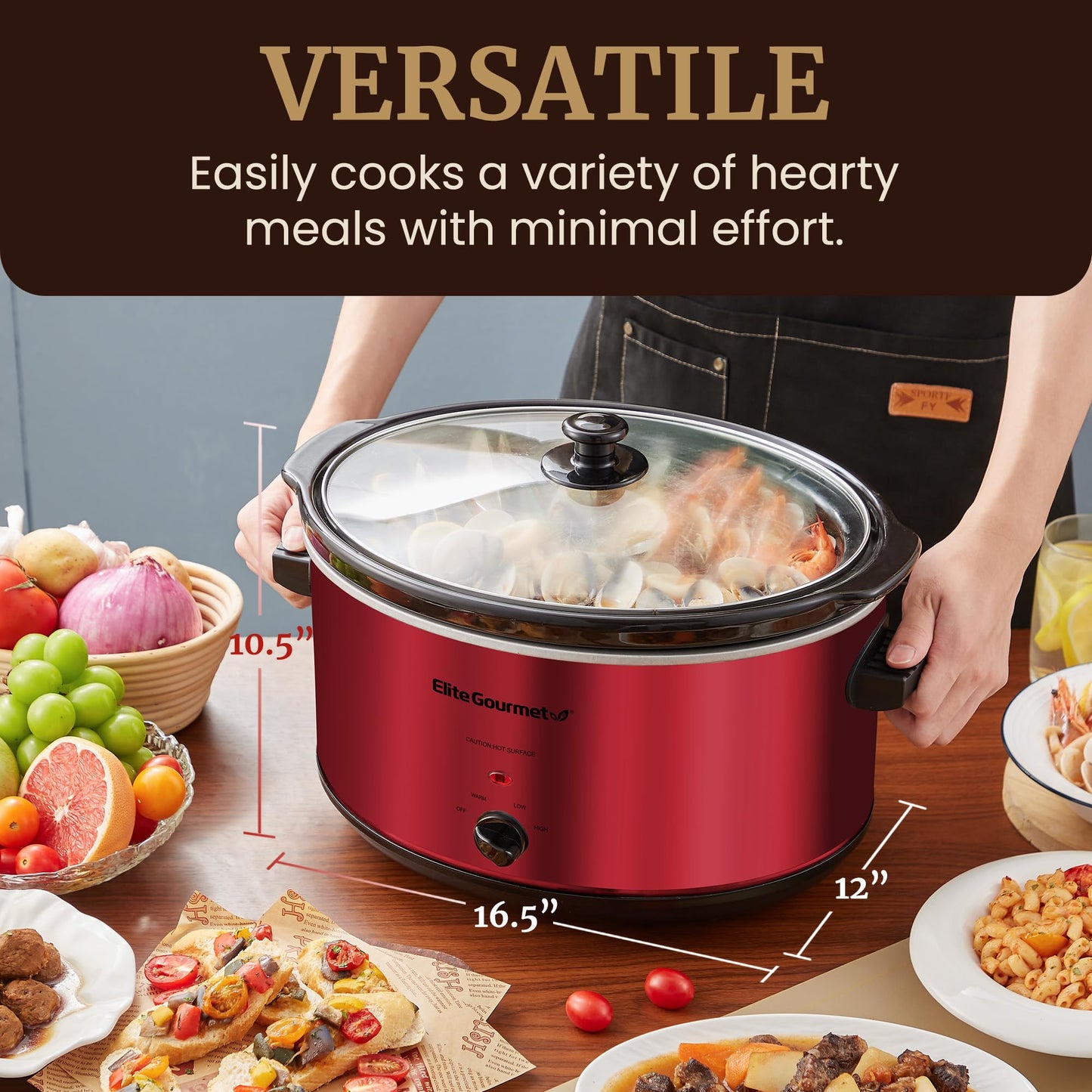 Elite Gourmet MST-900RXT Electric Ceramic XL Jumbo Slow Cooker, Adjustable Temp, Entrees, Sauces, Stews & Dips, Dishwasher Safe Glass Lid & Crock, 8.5Qt, Metallic Red
