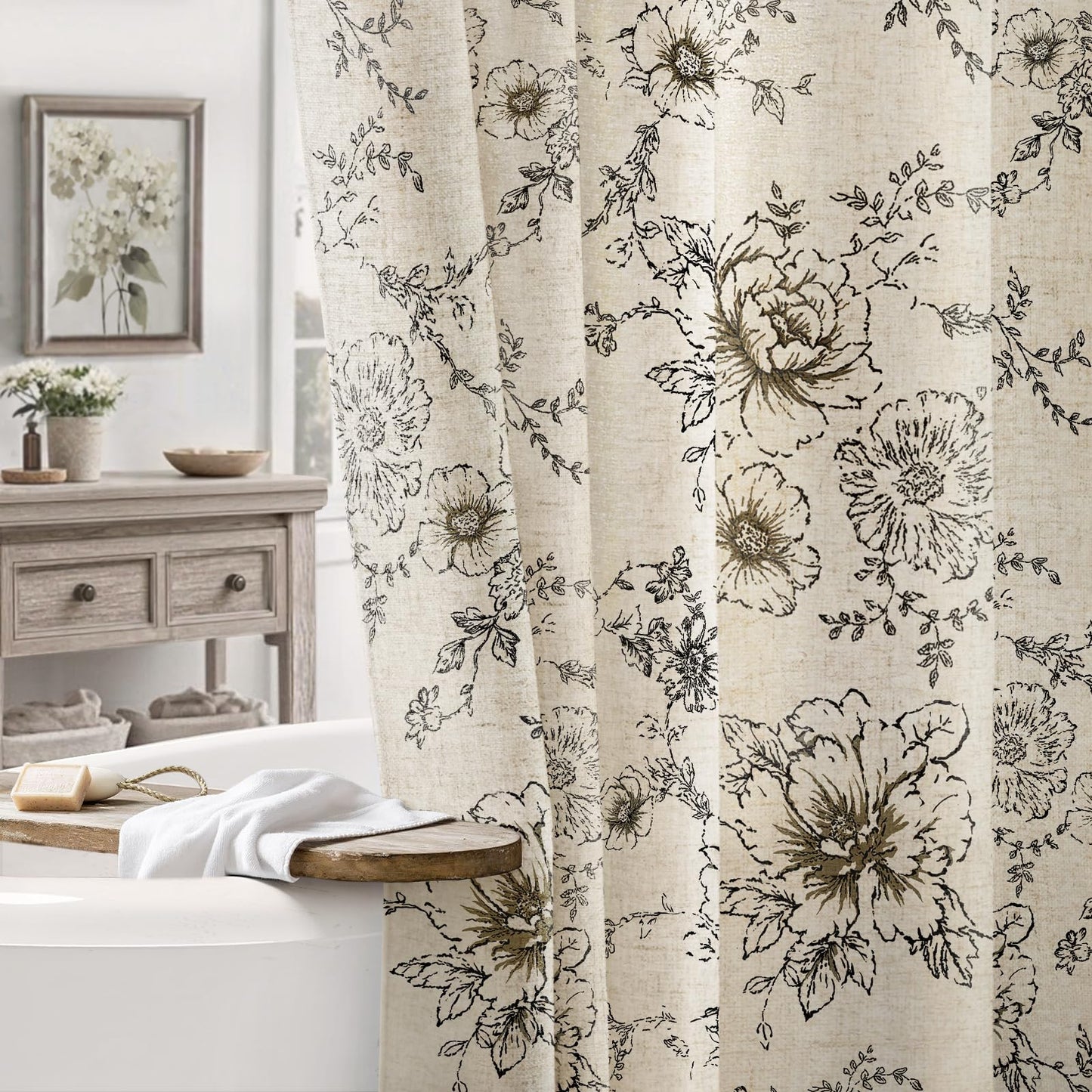 NDDYCU Farmhouse Floral Vintage Shower Curtain, Black Linen Spring Pattern Shower Curtains for Bathroom, Tan Taupe,72x72